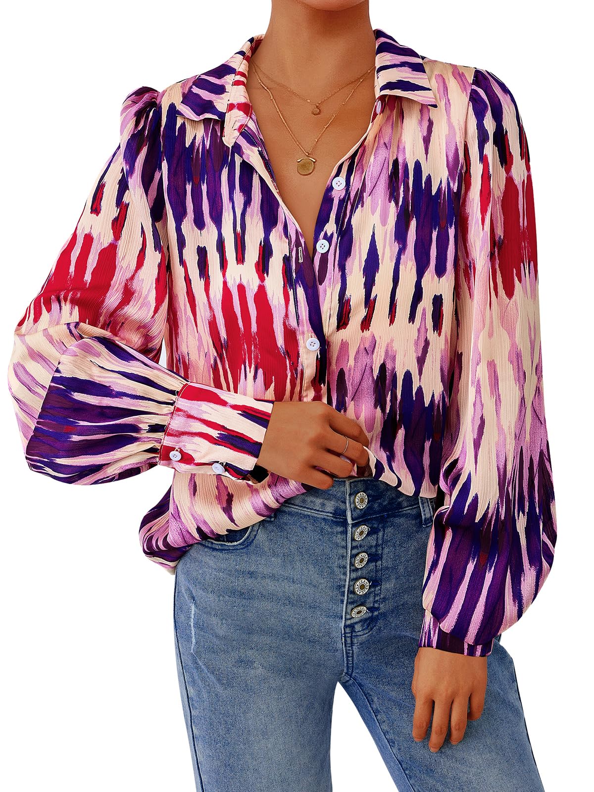 PRETTYGARDEN Women's Floral Blouses Dressy Casual V Neck Button Down Shirts Lantern Long Sleeve Boho Chiffon Fall Tops 2025