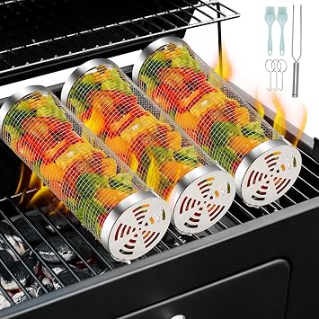 3pcs Rolling Grill Baskets, Grill Veggie Basket, BBQ Baskets for Grilling, Round Stainless Steel Grill Baskets for Outdoor Grill, Camping basket for Vegetables, Birthday Gifts for Men