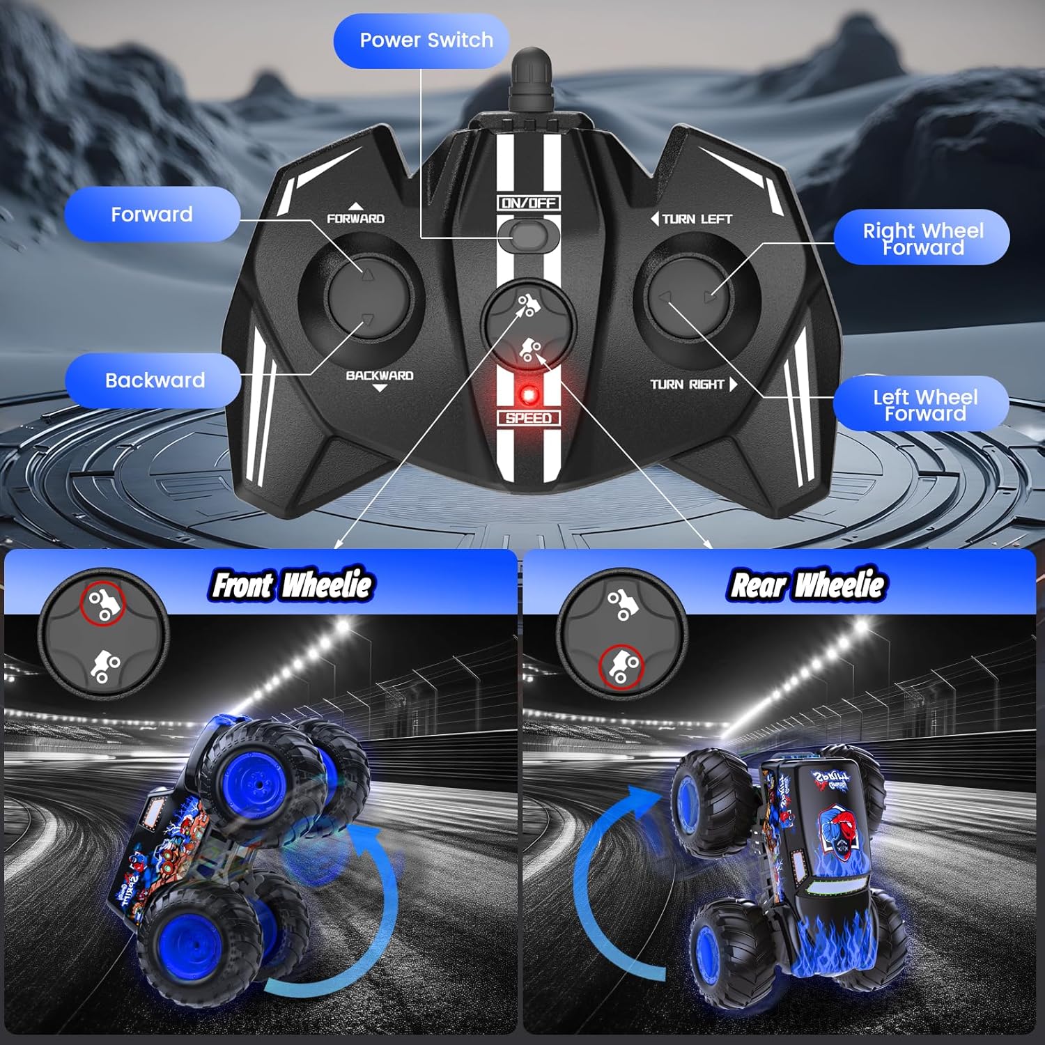 1:14 Waterproof Remote Control Car, Front & Rear Wheelie Monster Truck, Amphibious RC Truck with 2 Sets of Rechargeable Batteries and AAA Batteries, 4WD Off-Road Vehicle for Kids Ages 6-12