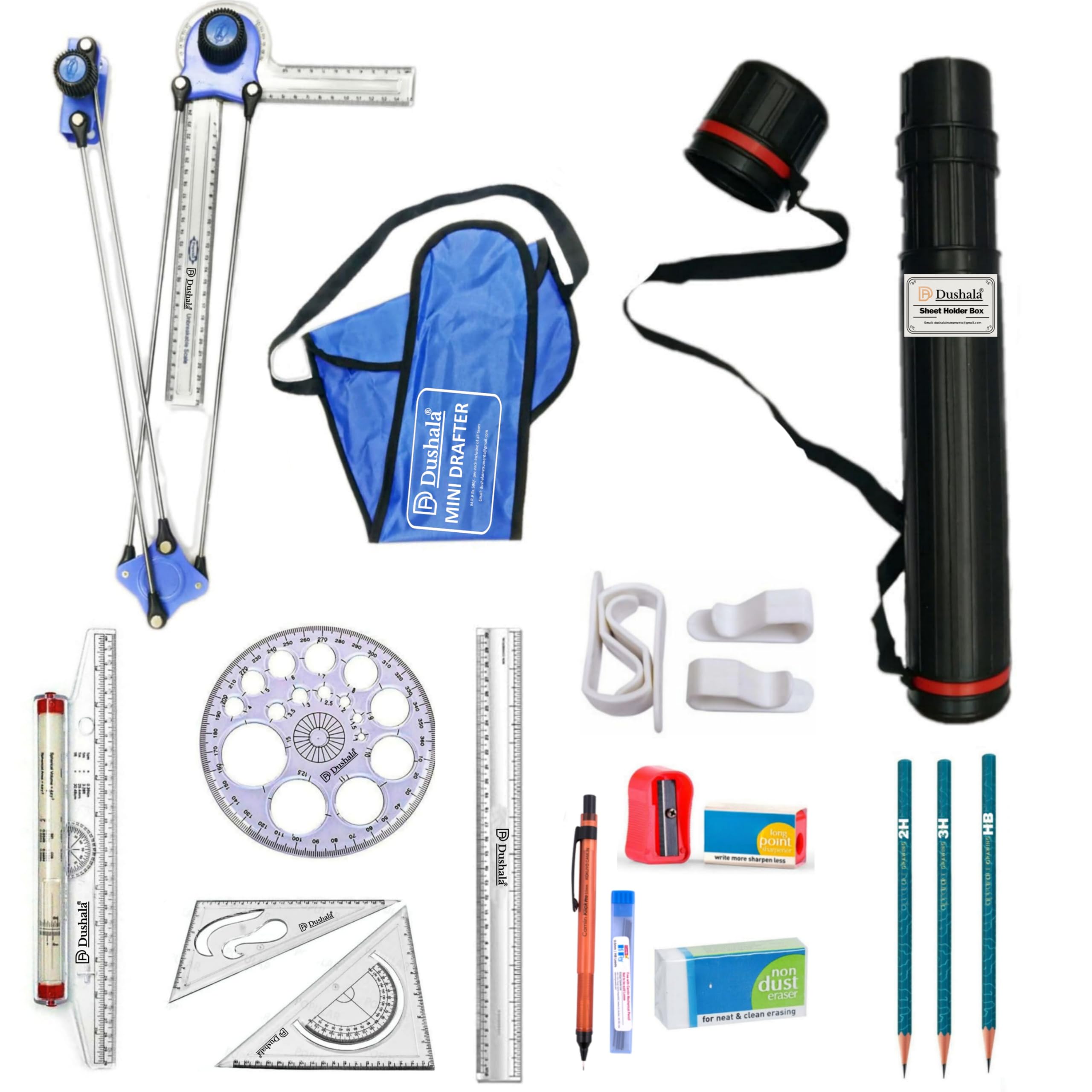 DUSHALA Mini Drafter, Sheet Holder Box, Roller Scale, Long Scale, Set Squares, Pro Circle, Plastic Clips for Engineering Drawing/Professional Drawings (Kit 13)