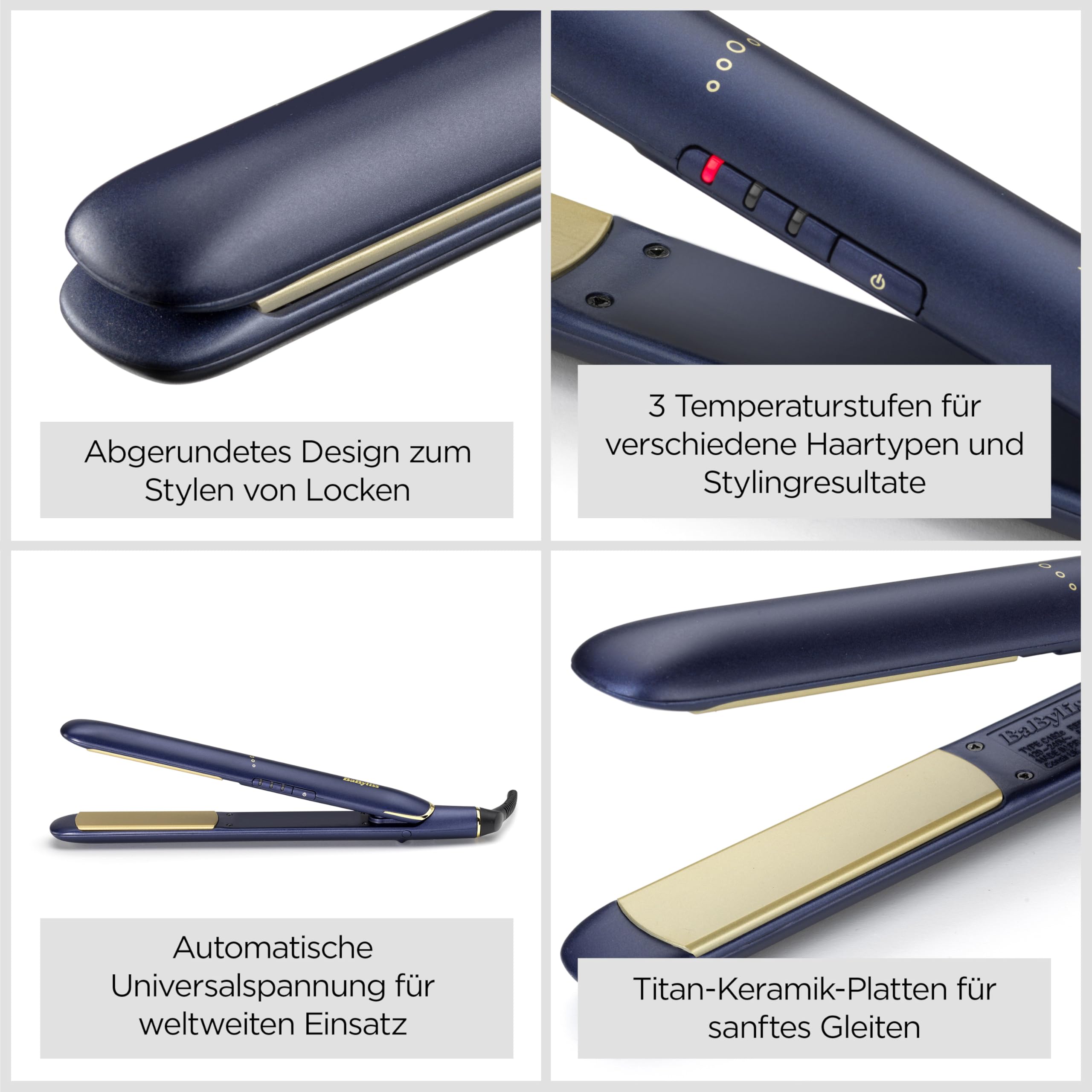 BaByliss Midnight Luxe Glätteisen - Titanium Ceramic Floating Plates für sanftes Gleiten, schnelles Aufheizen in 30 Sekunden, 3 Heizstufen bis zu 235°C, weltweit einsetzbar, 2516PE