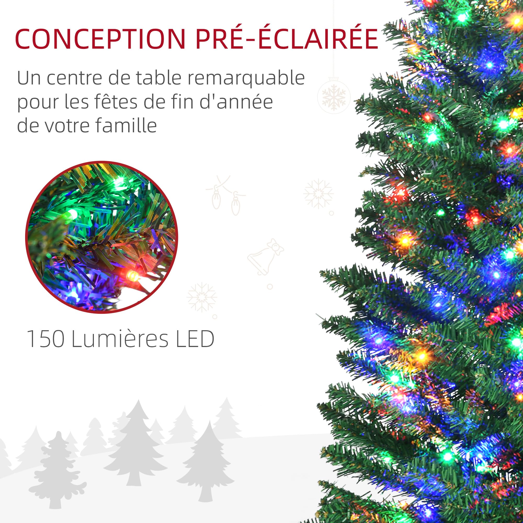 HOMCOM Sapin de Noël Artificiel Lumineux 180 cm en Forme de Crayon Vert | Arbre de Noël, 150 Lumières Multicolores, 390 Branches, Base en Acier