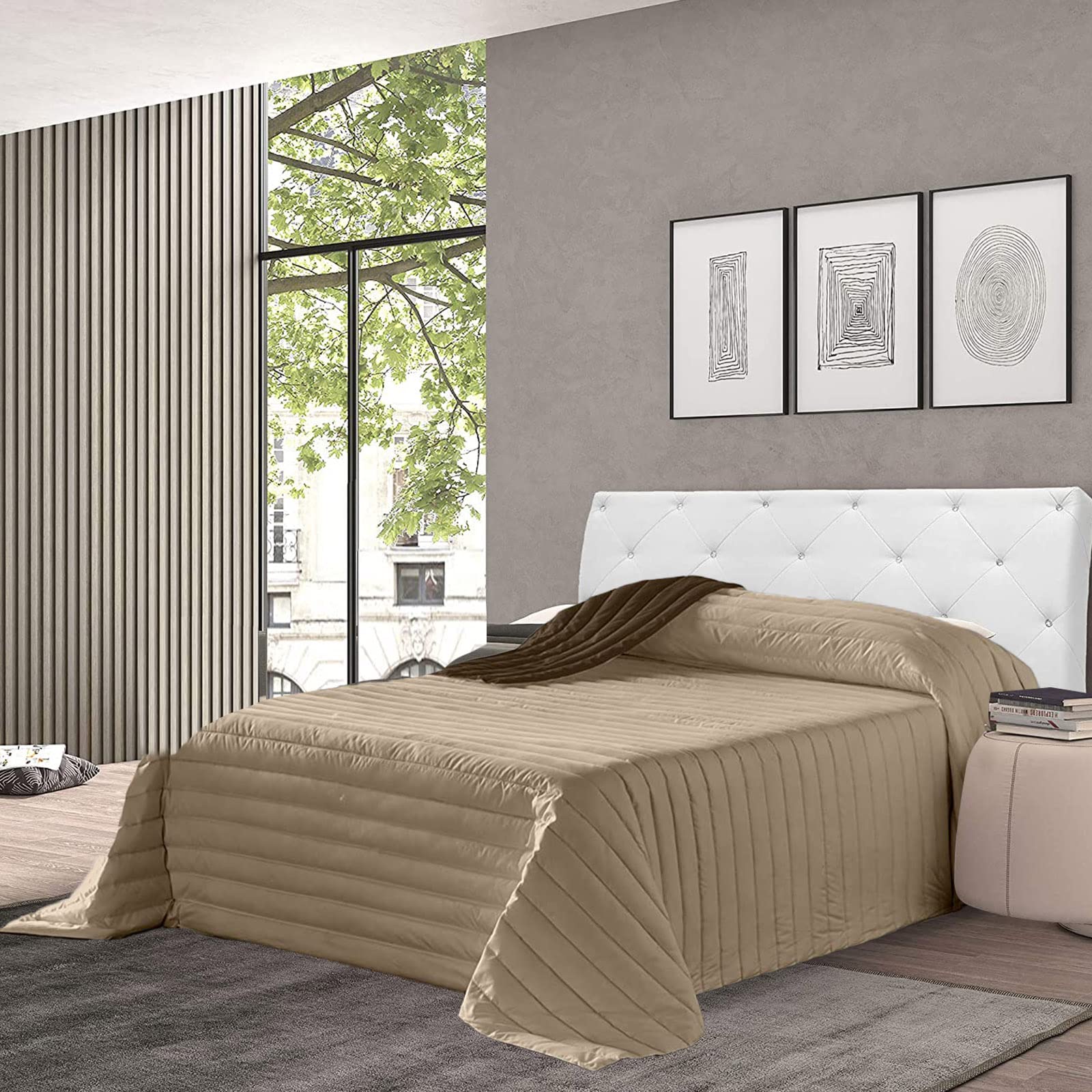 various Colcha Multiuso Bicolor, Fibra 120 gr Colcha Verano Reversible Transpirable Rellno Fibra Hueca siliconada válido para Cama de 200 cm,Tamaño 300 x 270 cm Color Arena y Choco