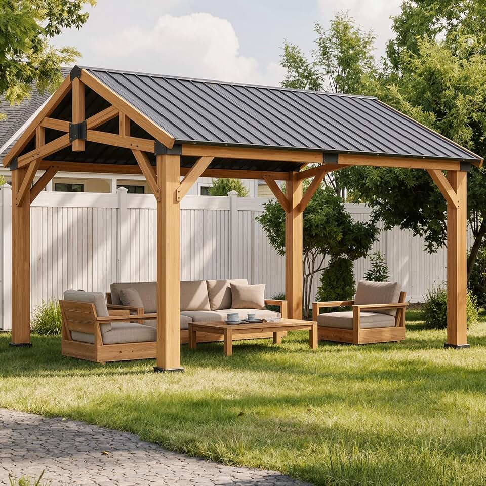 12' x 16' Cedar Wood Gazebo, Outdoor Permanent Wooden Gazebo Pavilion
