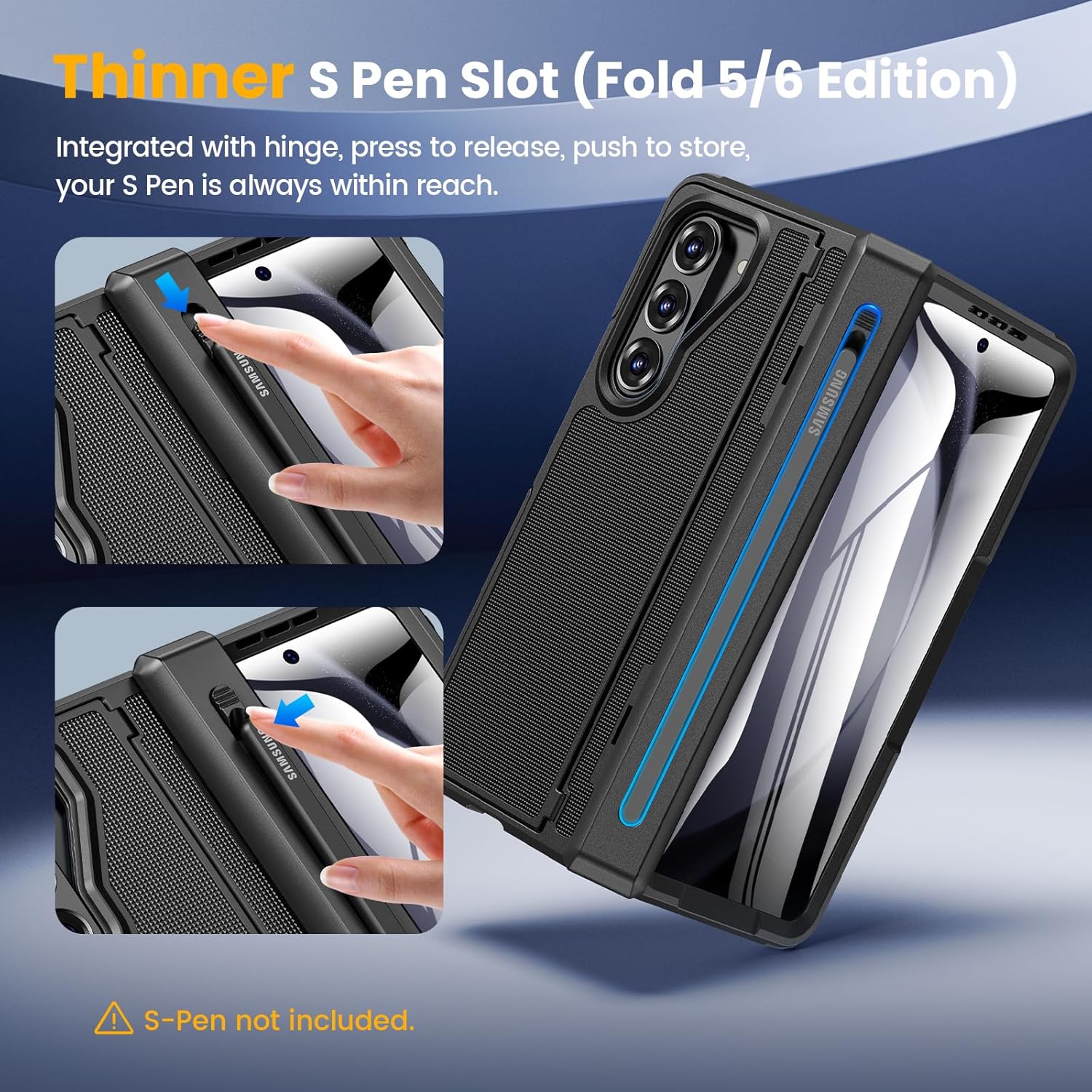 Caka for Samsung Galaxy Z Fold 5 Case [Thinner S Pen Holder] [Hidden Kickstand] [Hinge Protection] [Screen Protector] Full Body Hard Shockproof Phone Cover with Anti-Slip Textured for Fold5 - Black