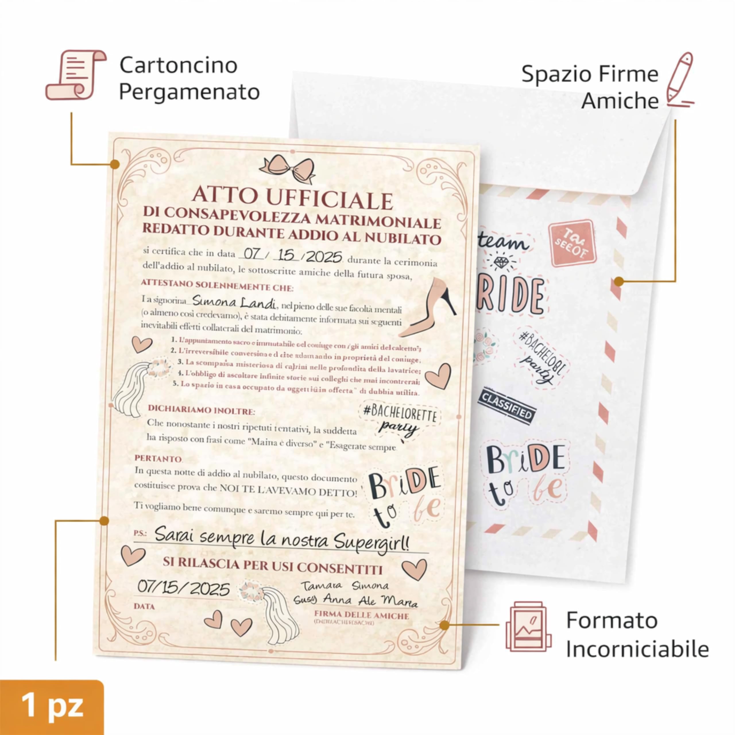 KAÏDENSÏ Gadget Addio al Nubilato Sposa - Pergamena Atto di Consapevolezza Matrimoniale - Accessori Team Bride Divertenti - Kit Idea Regalo Originale