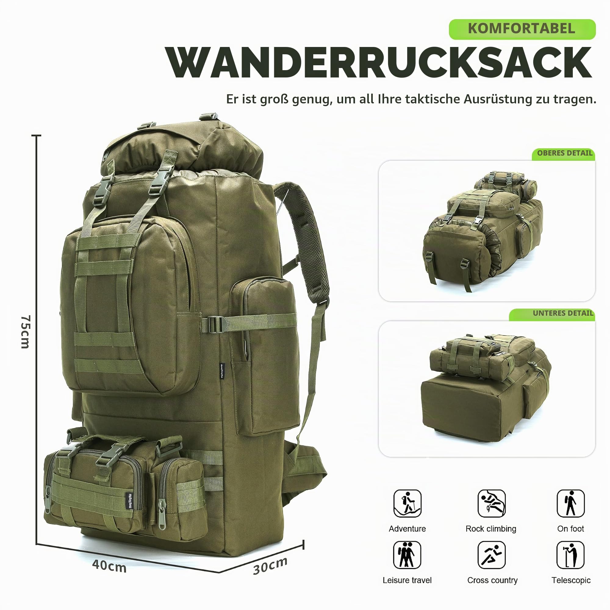 100 l Camping-Wanderrucksack, Molle-Militär-Rucksack, wasserdicht, leicht, Wanderrucksack