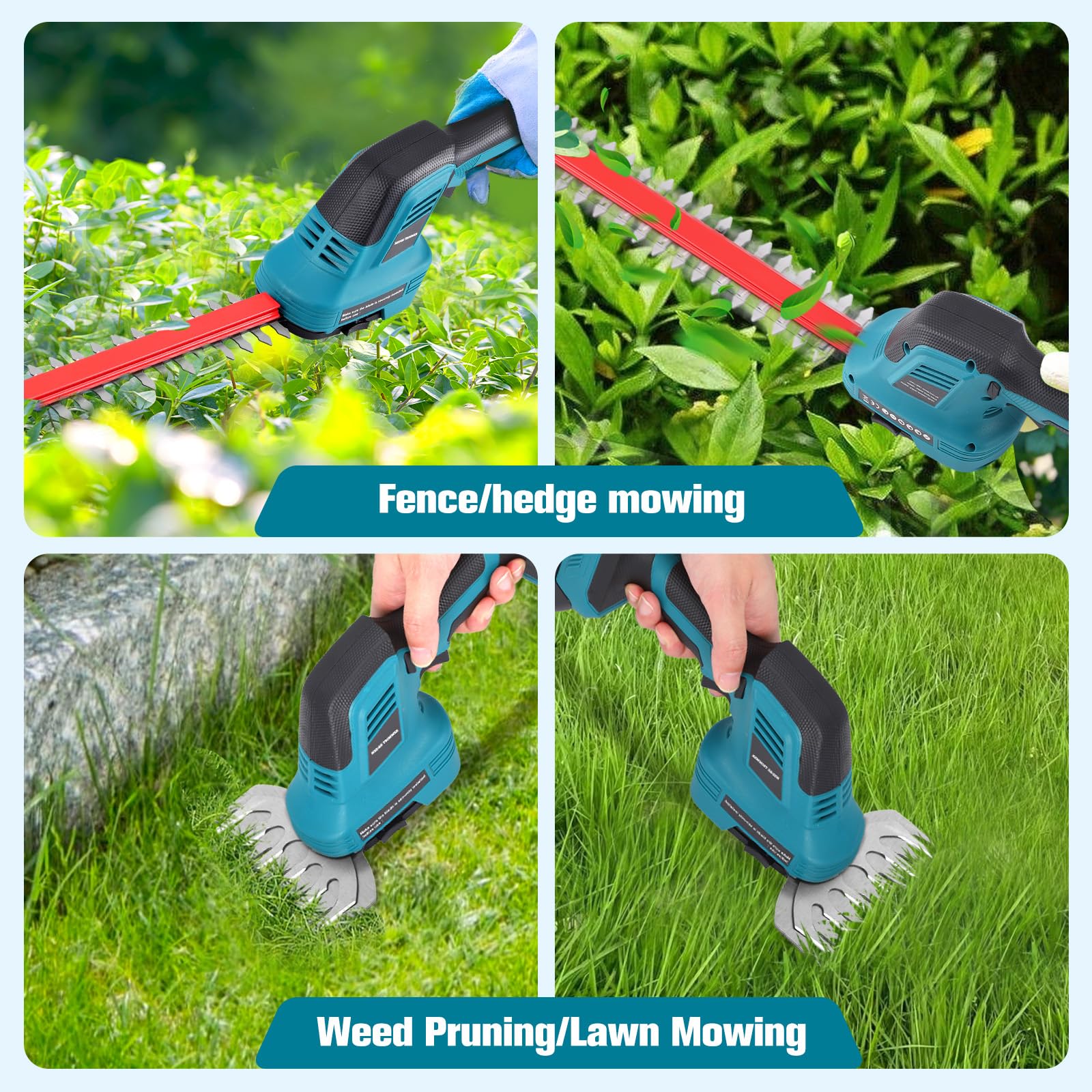 Akku Heckenschere 21V Elektrische Heckenschere Akku Grasscheren, 2 in 1 Schnurlose Grasschere und Heckenschere, Elektrogartenscheren mit 1500mAh*2 Wiederaufladbaren Batterien,Klingen und Adapter