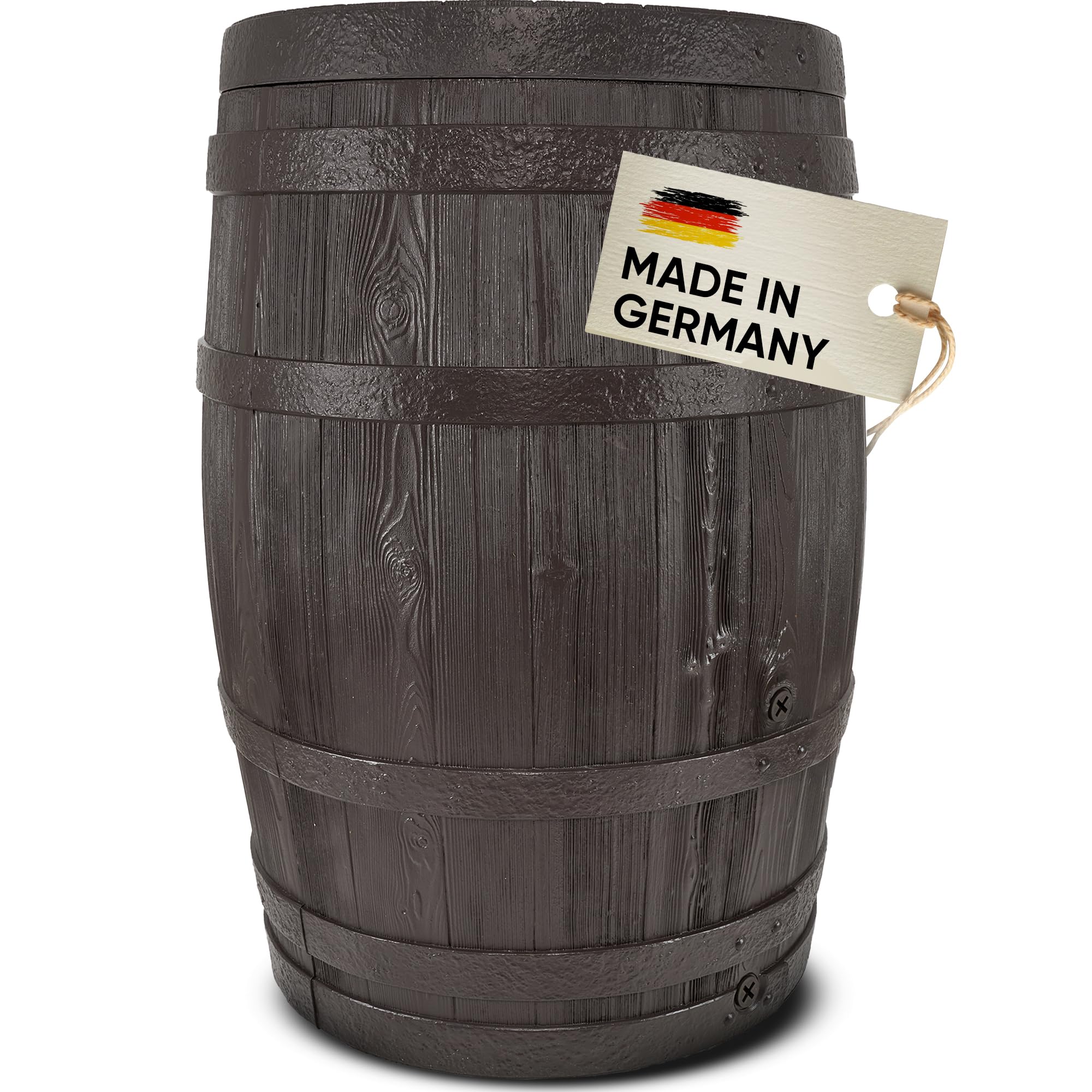 GARANTIA BARRICA Regentonne 420 Liter braun rustikale Holzfassoptik | mit abnehmbarem Deckel UV-beständiger Recycling-Kunststoff für den Garten integrierte Gewindeanschlüsse zur Wasserentnahme