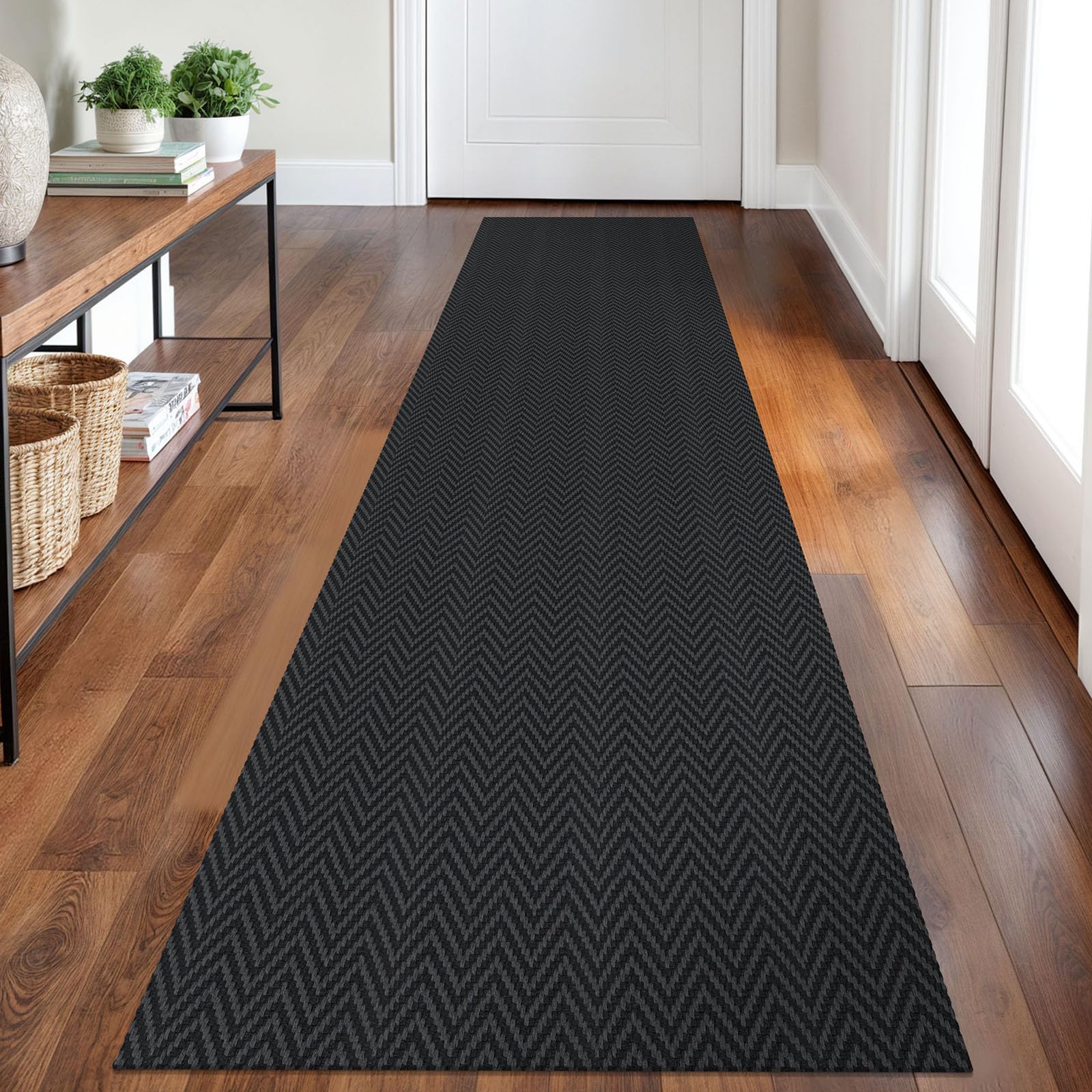 Alfombra trenzada de 2 x 8 pies, lavable, para pasillos, cocina, con respaldo de goma, de algodón, para entrada, interior, alfombra tejida para pasillo, cocina, dormitorio, color negro y gris