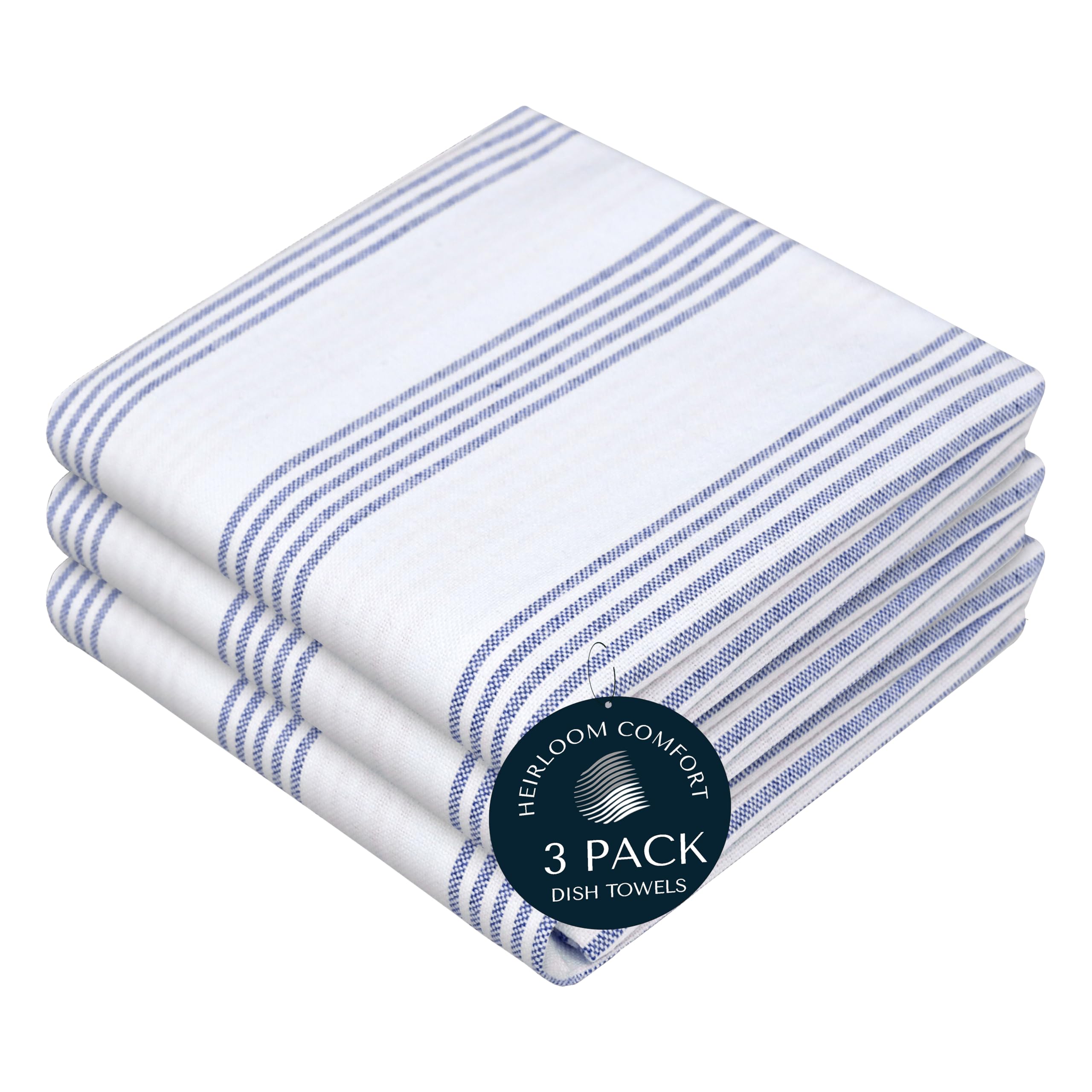 HEIRLOOM COMFORT Indigo Blue Stripe Kitchen Towels, 3 Pack, 100% Cotton, Super Absorbent and Quick Dry, Multi Pin Striped Towel Set, Durable Dish Cloths for Kitchen Use, Cleaning & Drying Dishes