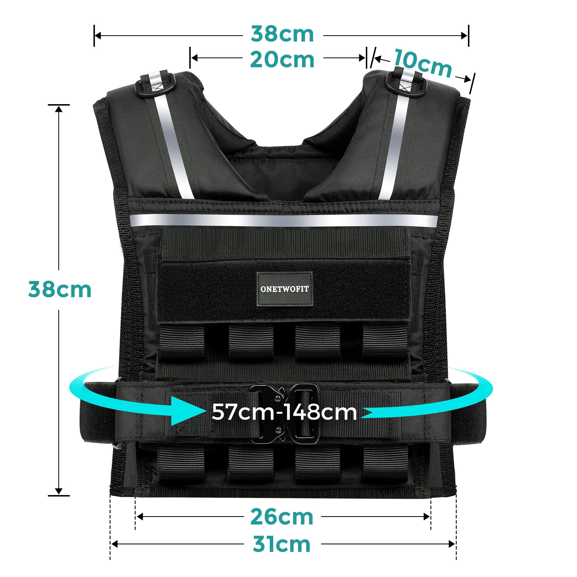 ONETWOFIT Verstellbare Gewichtsweste für Herren 20KG, Rucking-Westen mit abnehmbaren Eisengewichten, 1,2" extra dicke Schulterpolster, Krafttrainingsweste zum Laufen, reflektierende Streifen