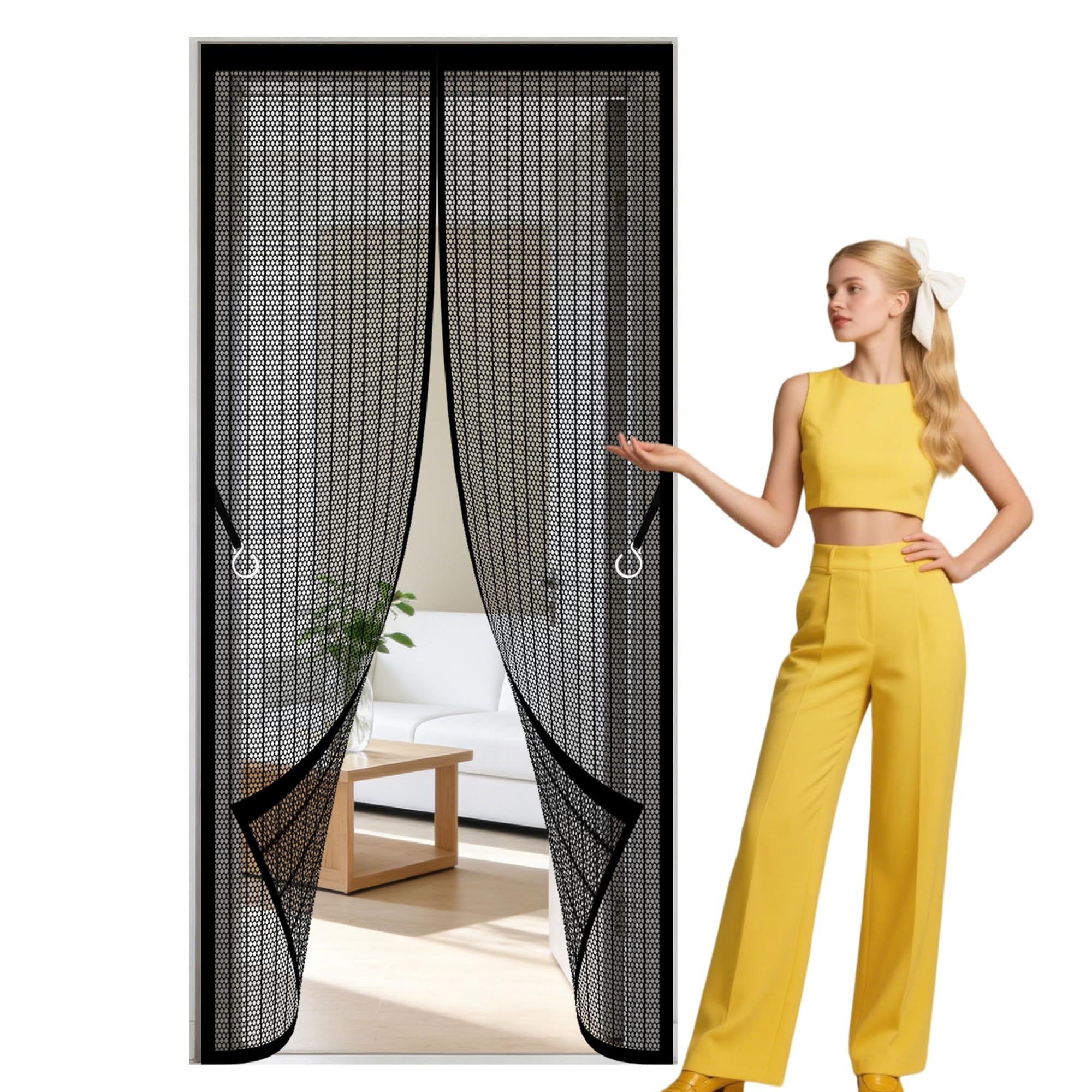 Magnetic Door Screen 93 x 243 cm Self Sealing, Hands Free Insect Protection Screen Powerful Magnets and Full Frame Magic Tape for Living Room, Bedroom, Patio, Black