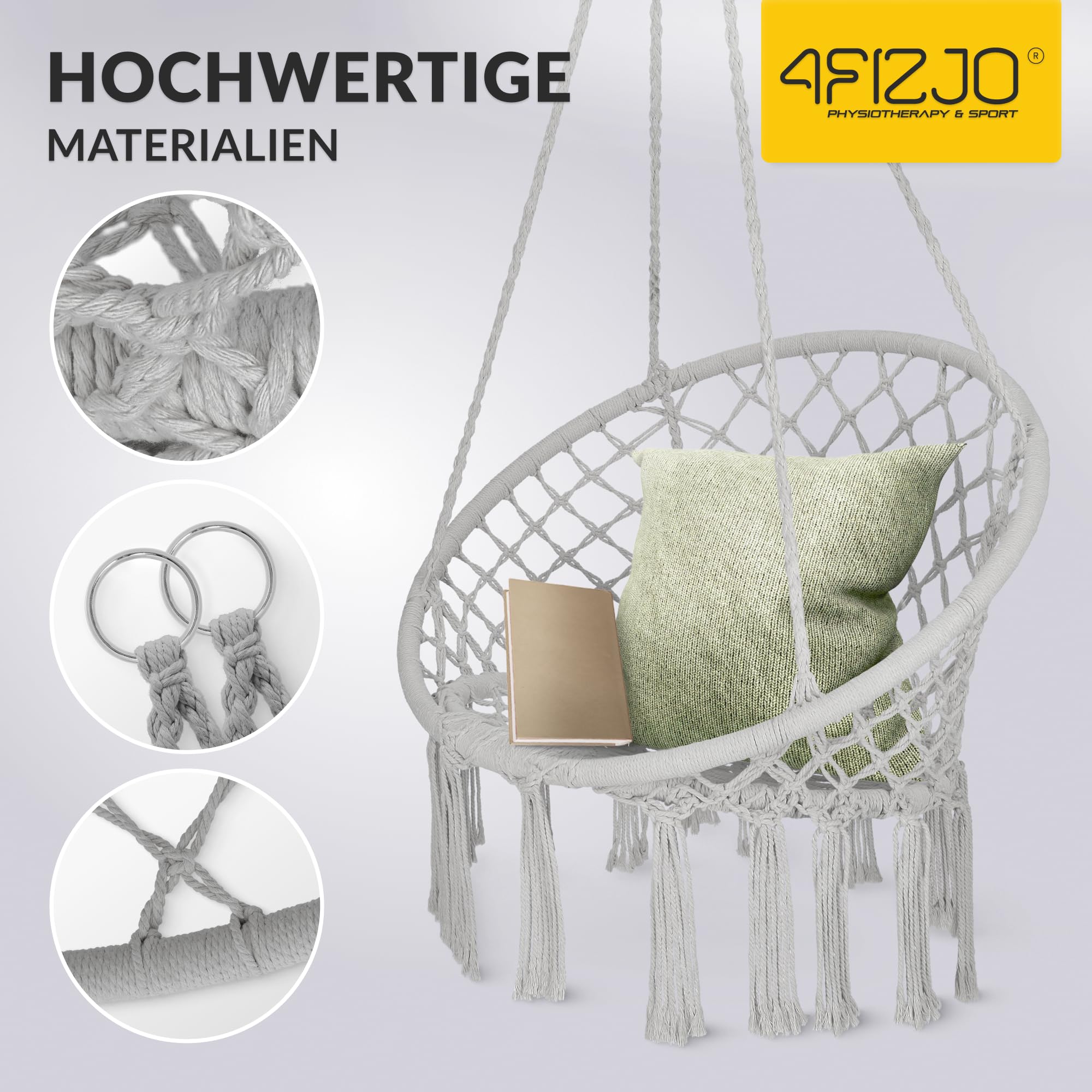 4FIZJO Hängesessel Boho, Makramee hängesessel, Garten schaukel, Hängekorb, Schaukelkorb, Therapieschaukel Kinder, Hängesessel Indoor & Outdoor, Hängesitz Patio-Rasen, Maximale Belastung 125 kg, Grau