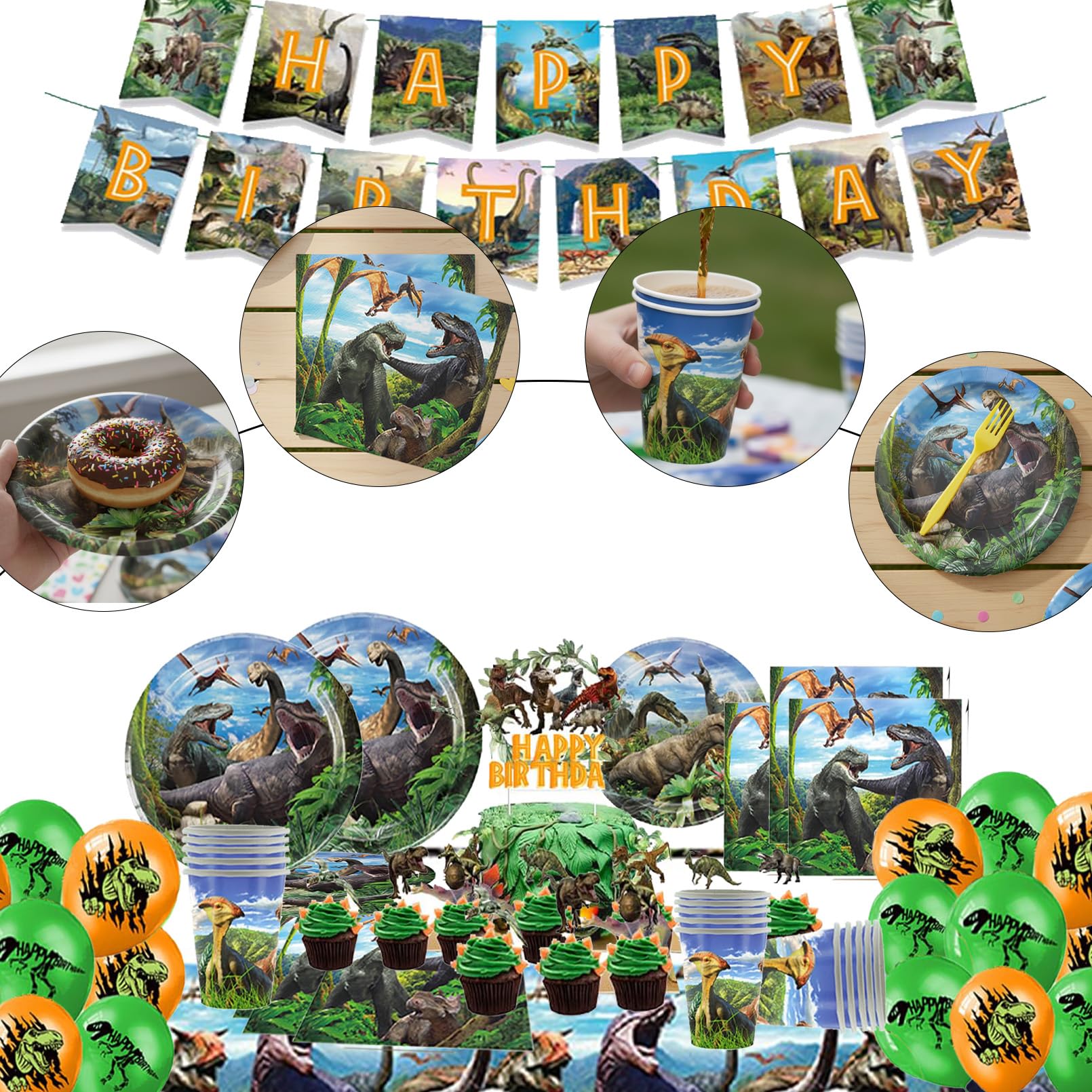Dinosauro Stoviglie Compleanno,86Pcs Addobbi Compleanno Dino,Kit Feste Dino,Banner,Piatto,Tovaglia,Decorazioni Compleanni