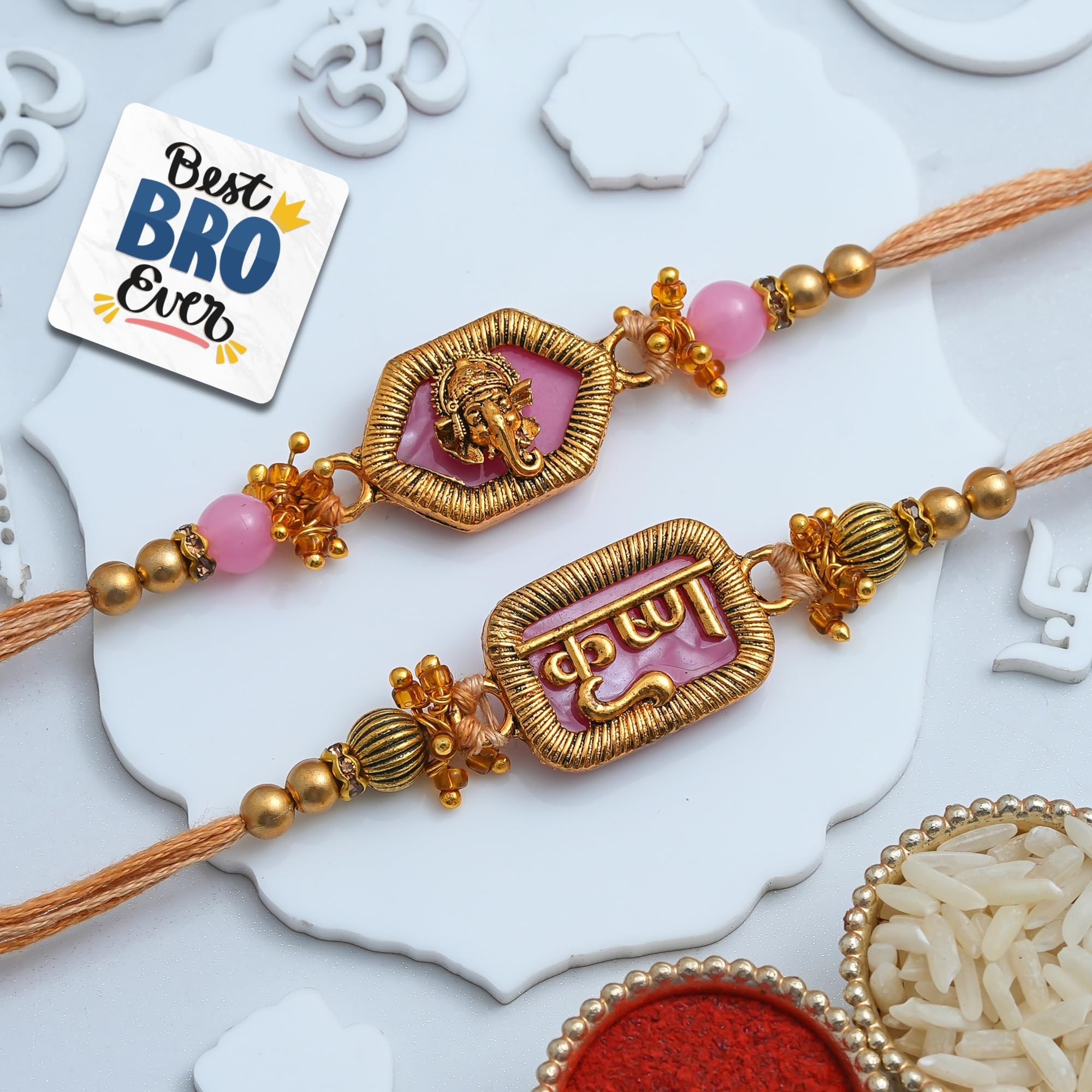 eCraftIndia Lord Ganesha Krishna Designer Rakhi Set of 2 | Rakhi for Brother Bhaiya Bhai with Best Bro Ever Fridge Magnet | Roli Chawal Pack-image-21