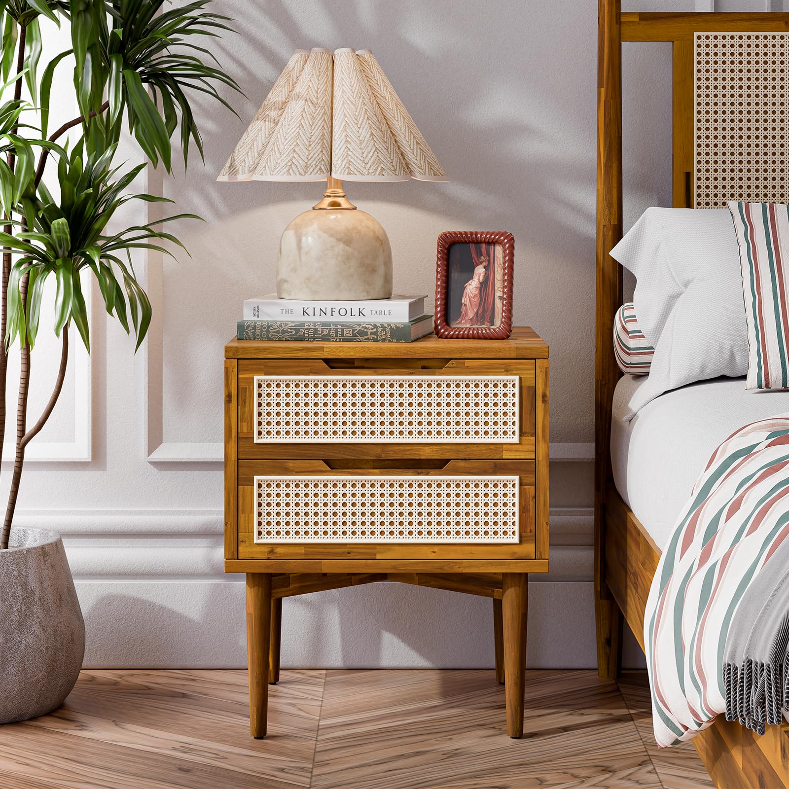 Bme Oliver Solid Wood Rattan Nightstand, Bohemian &amp; Mid Century, Caramel