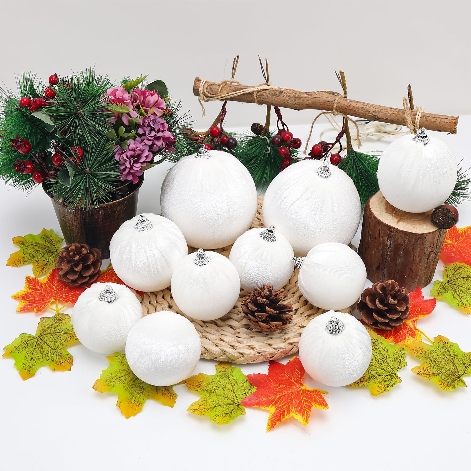 Gresorth 10 Piezas Terciopelo Bola Adorno Plástico Inastillable Tejido Envuelto Bola Flocked Hecho A Mano Colgar Navidad Árbol Inicio Chimenea Blanco