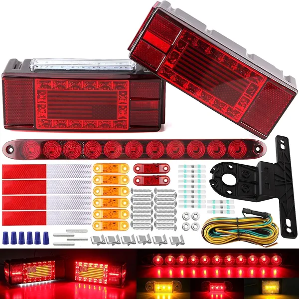 12V LED Trailer Lights Kit for Utility Trailer, LED Submersible Rectangular Brake Stop Turn License Lights Unique Flag w/8x Mini Side Clearance Marker Lights, 15" 11 LED Red Identification Light Bar