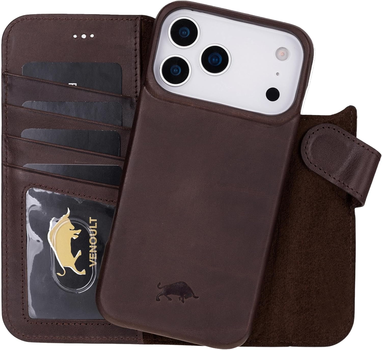 VENOULT Leather Wallet Case for iPhone 17 Pro Max, Full Grain Genuine Leather, Magnetic Detachable, 4 Card Holder, Buesiness Style, Compatible with MagSafe, RFID, Handmade (Chcolate)