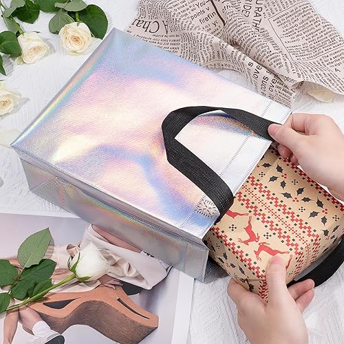 Miniatura 6 de Iioscre 12 bolsas de regalo de tamaño mediano, bolsas de regalo reutilizables no tejidas brillantes, bolsas de comestibles con asas, bolsas