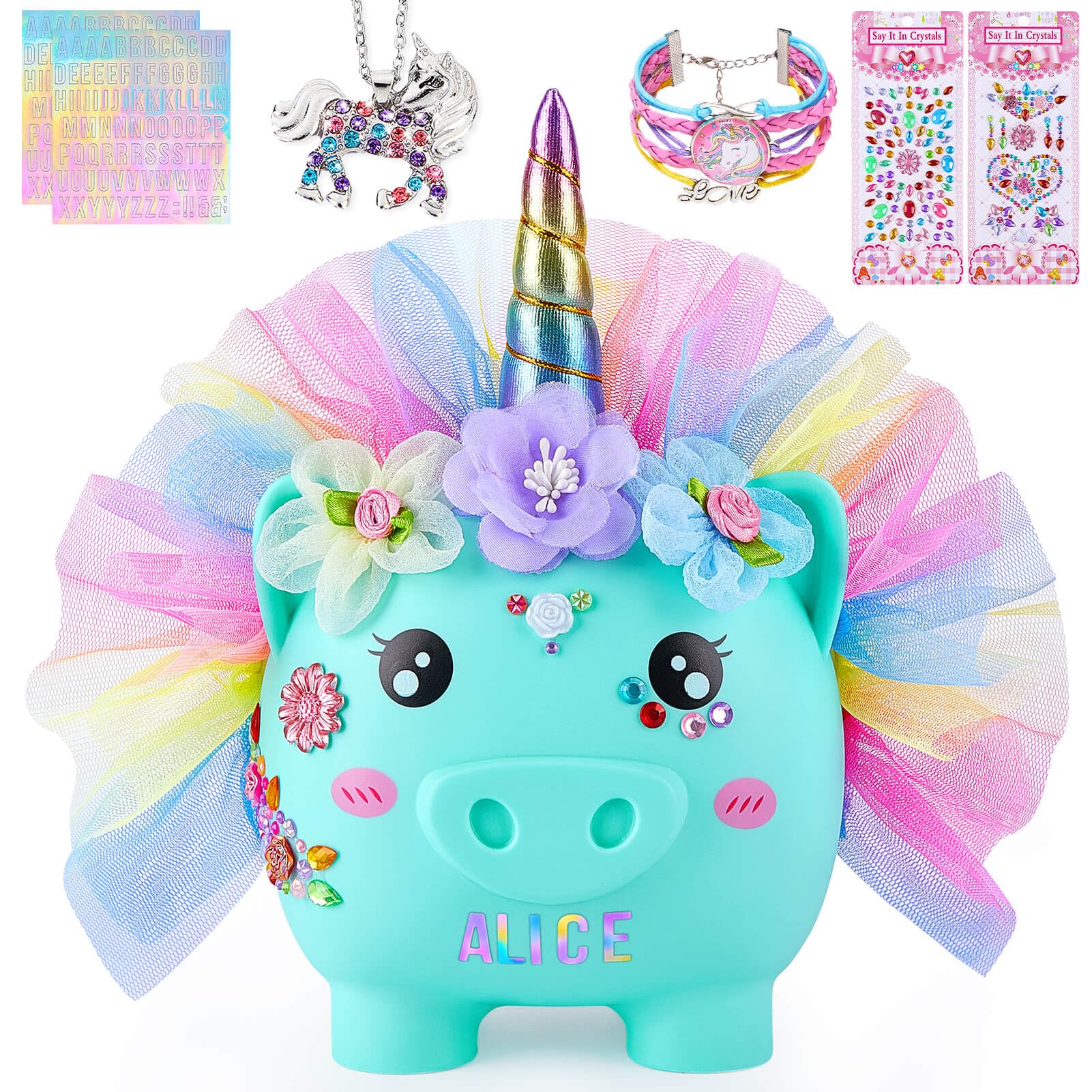 Piggy Bank for Girls Large Unicorn Piggy Banks with Necklace Bracelet DIY Stickers Cute Coin Piggybank Unbreakable for Toddler Kids Christmas Birthday