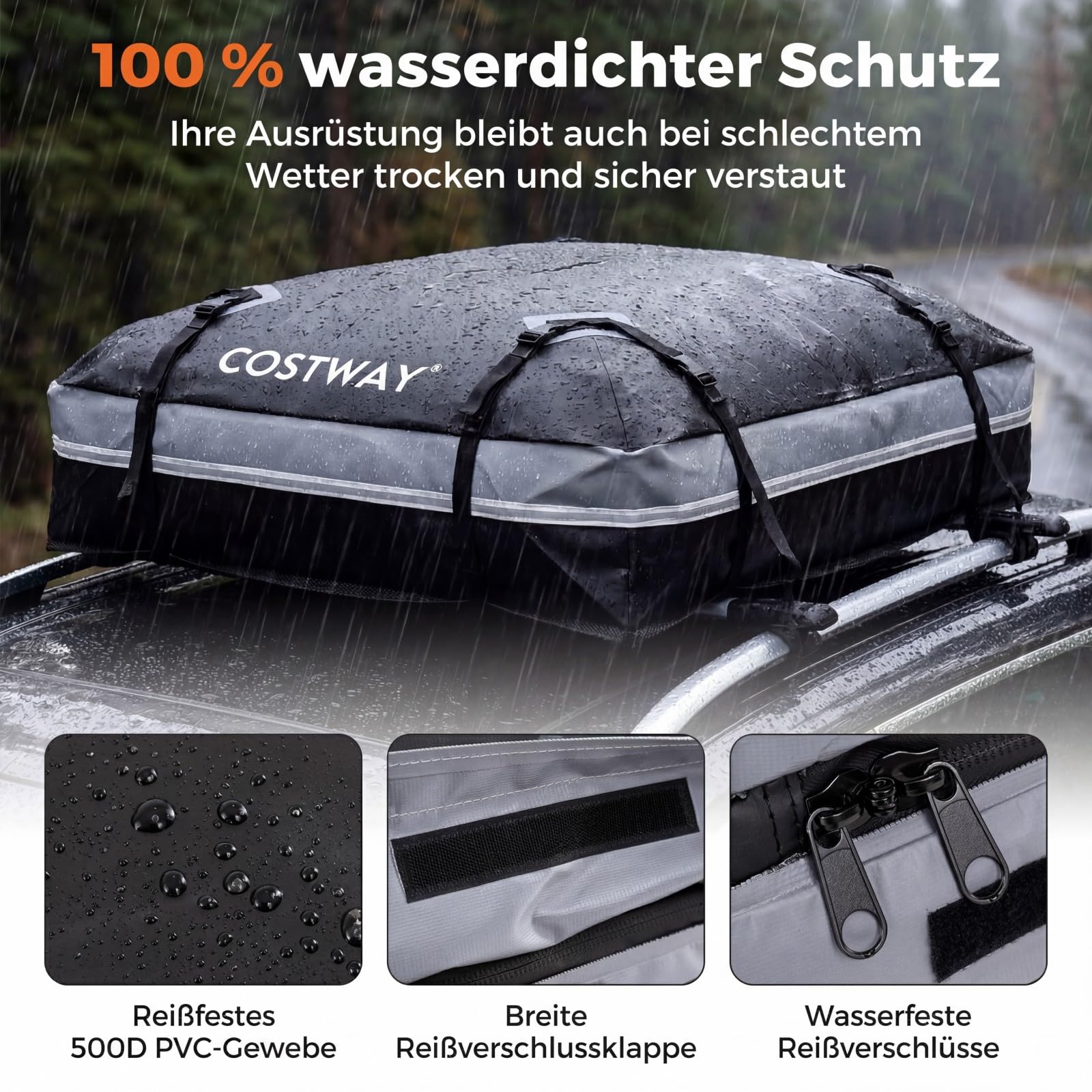 COSTWAY Dachbox Auto, 600 Liter Dachkoffer wasserdicht, Gepäckbox mit Anti-Rutsch-Matte, 6 Türhaken, Schloss & Tragetasche, tragbare Dachtasche XXL für Autos mit/ohne Gepäckträger (Grau)