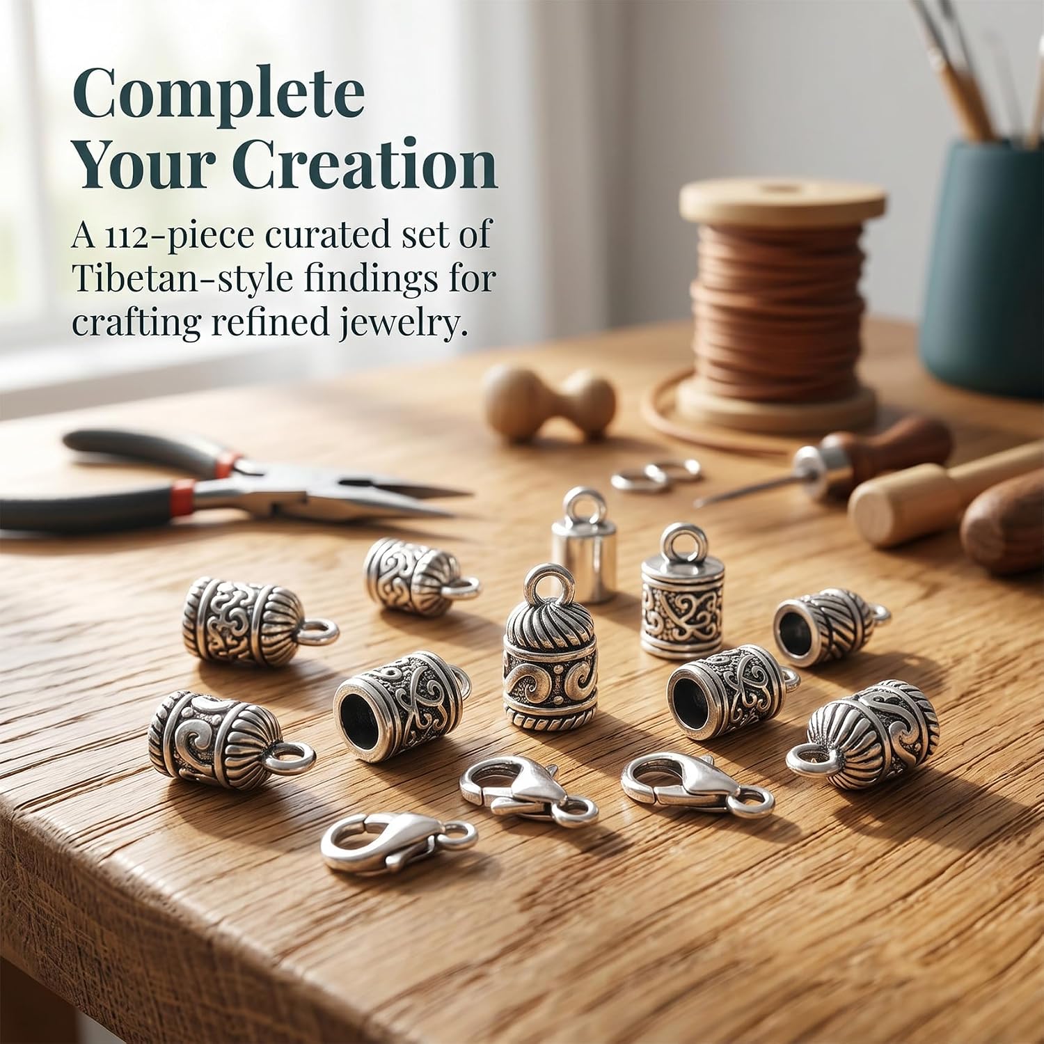112pcs Cord End Caps, 8 Styles Tibetan Relief Pattern Tube Crimp Beads for Jewelry Making, Metal End Caps with Jump Rings Lobster Clasps Set for Bracelet Necklace DIY - Antique Silver