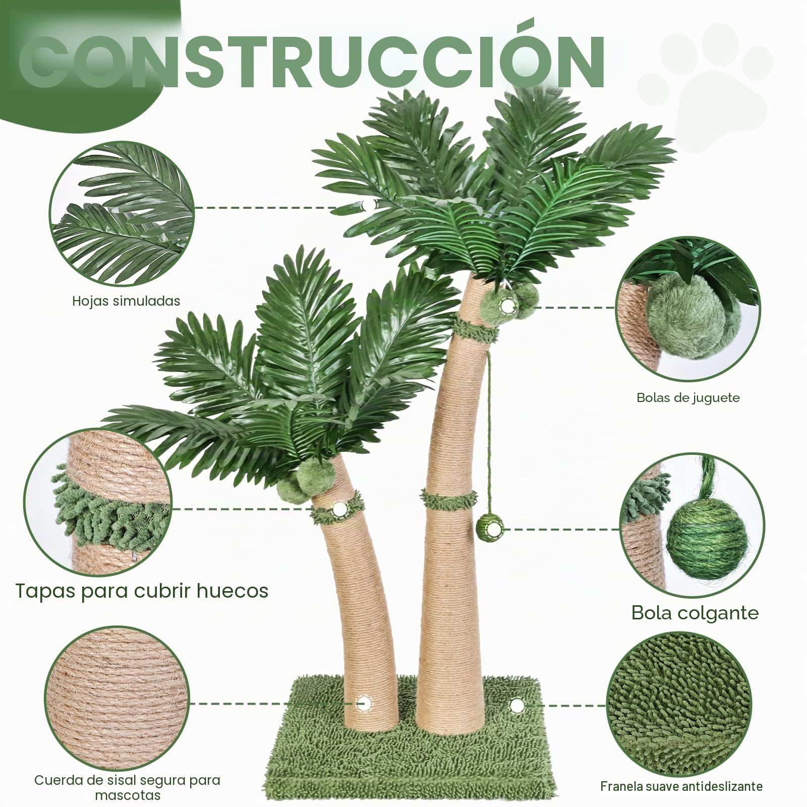 Poste rascador para gatos de palmera, poste rascador para gatos de 36 pulgadas con cuerda de sisal natural, 5 bolas interactivas y 2 postes rascadores de diseño curvado para gatos de interior, adultos