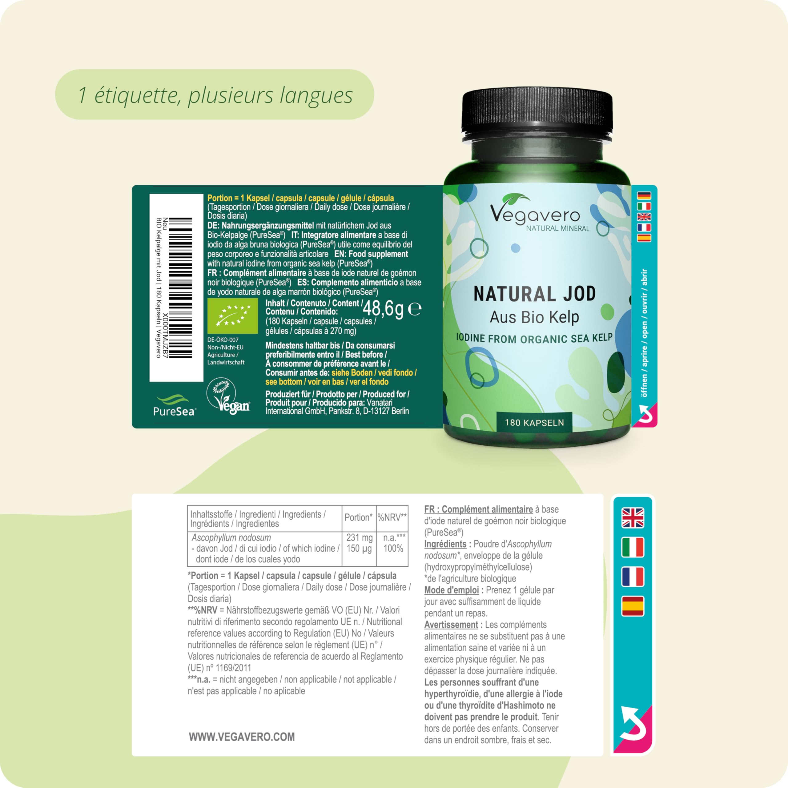 Iode BIO 150 μg | 100% NATUREL : Issu d’Algue Kelp | 6 Mois | Thyroide* + Antioxydant | SANS ADDITIFS et VEGAN | Vegavero®