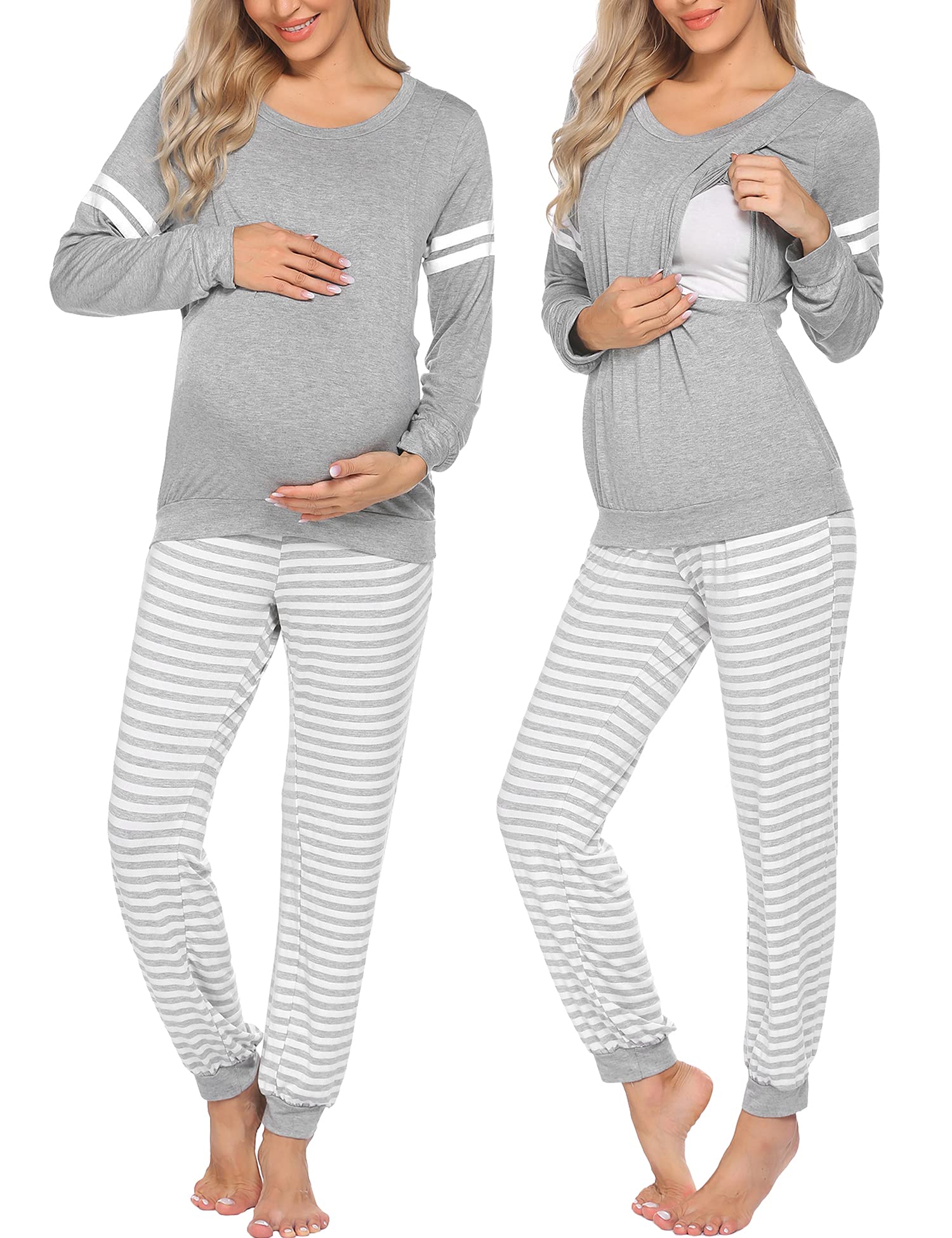 Ekouaer Maternity & Nursing Pajamas Sets Long Sleeve Breastfeeding Top & Bottom Striped Pregnant with Pants for Hospital