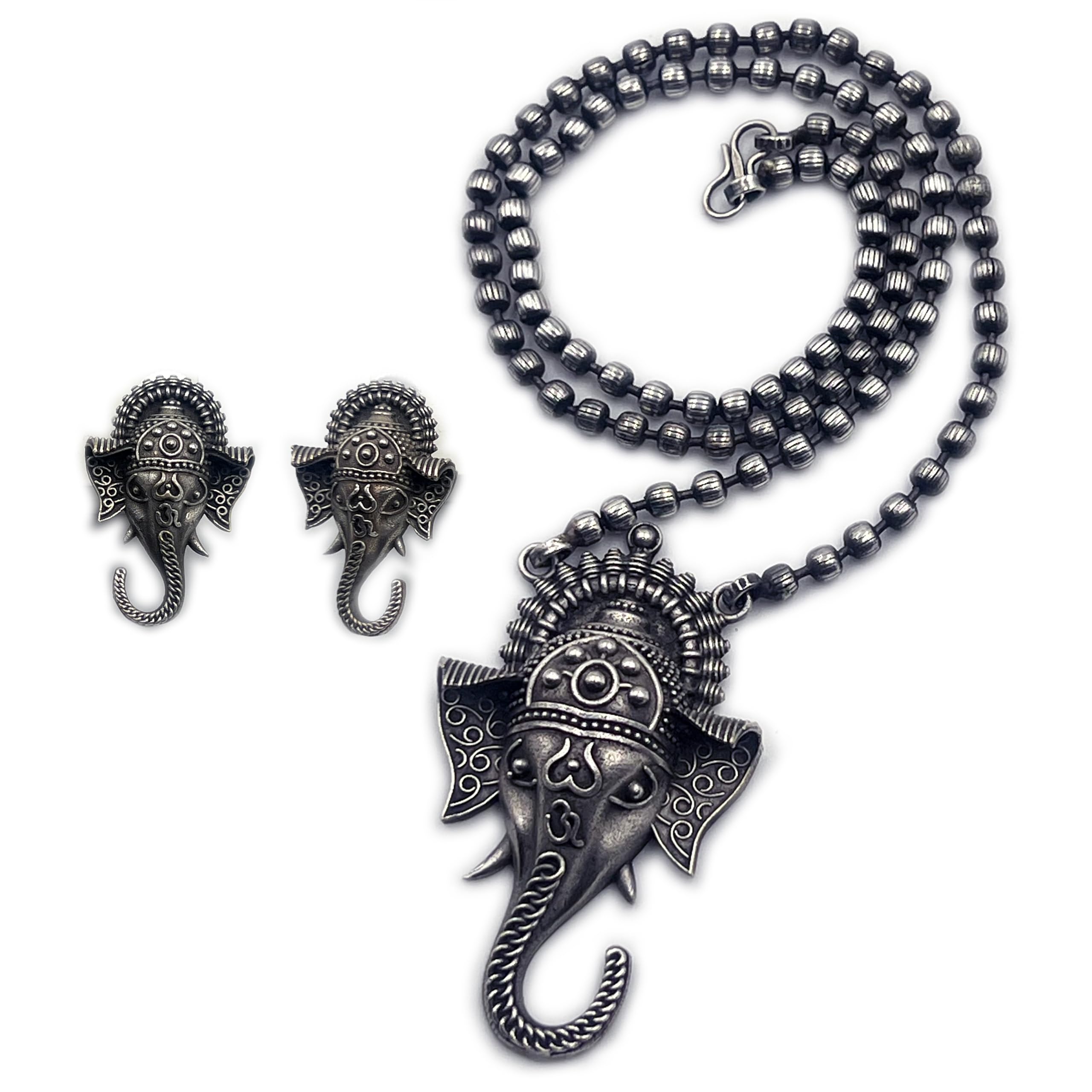 Oxidized Ganesha Pendant Chain Jewelry Set - Opera Length Ganpati Temple Jewelry for Women and Girls