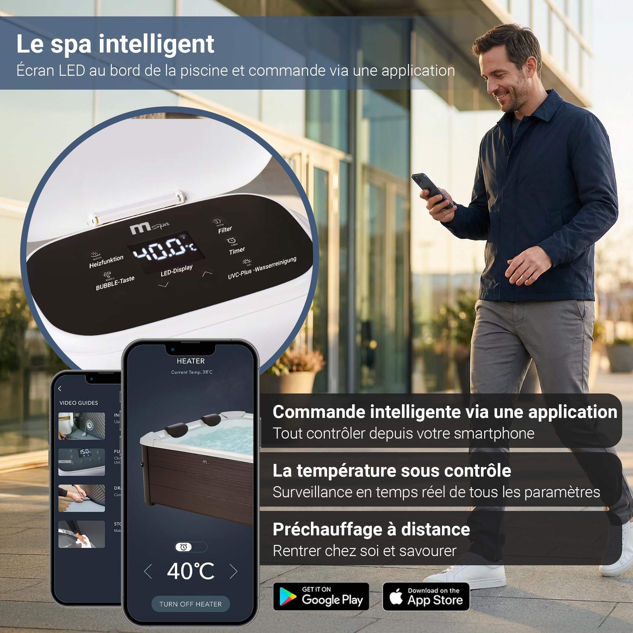 Miweba MSpa Spa extérieur Tribeca paroi Rigide - Contrôle Via Application - Spa 6 Personnes 160x160x65 cm - 120 Buses de Massage - Utilisation Toute l’année Hiver résistant