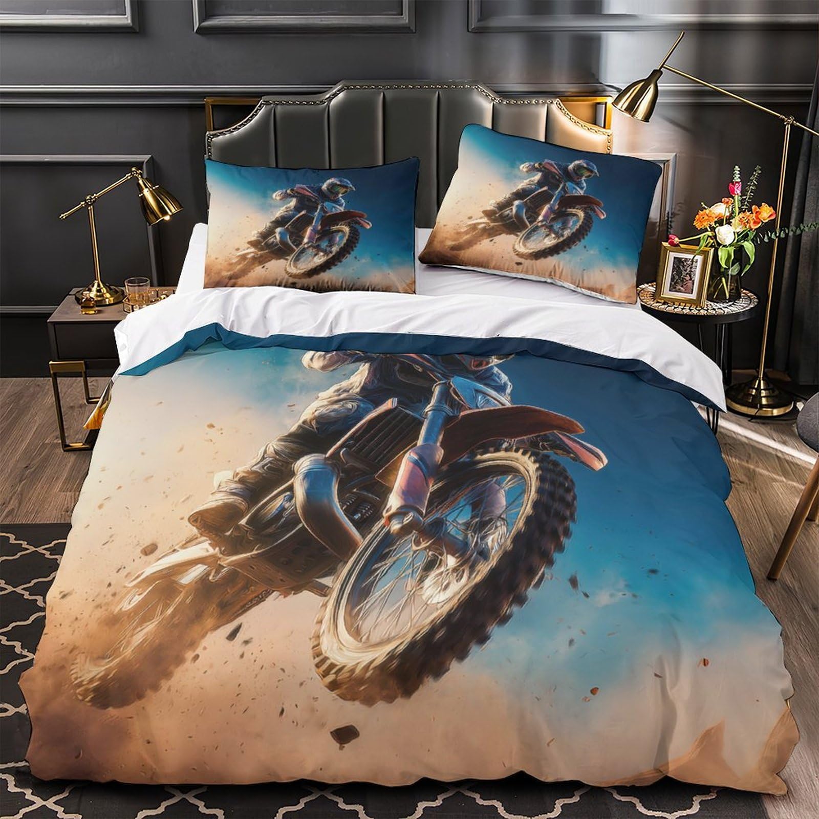 Housse de Couette Motocross 3D Microfibre Ultra Douce Entretien Facile Lit King 220x240cm