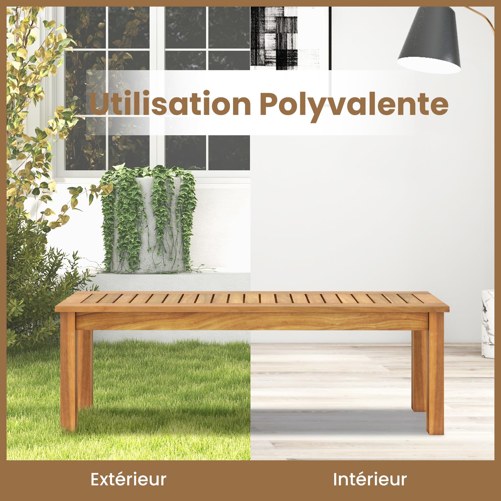 GIANTEX Banc Extérieur Jardin pour 3 Personnes, Banc de Jardin en Bois d’Acacia sans Dossier avec Renfort Inférieur, Banc de Terrasse pour Jardin, Cour, Balcon, 132 x 34 x 43,5 CM