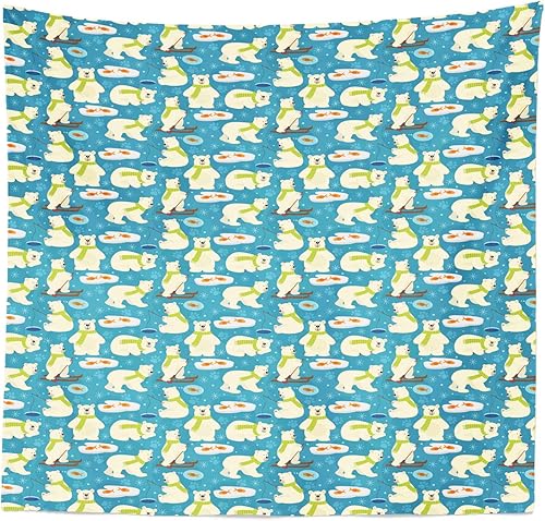 Miniatura 7 de Lunarable Cartoon Tapestry King Size, Polar Bear with Scarf Skiing and Ice Fishing Cold Weather Arctic Animal, Wall Hanging Bedspread Bed Cover Wall