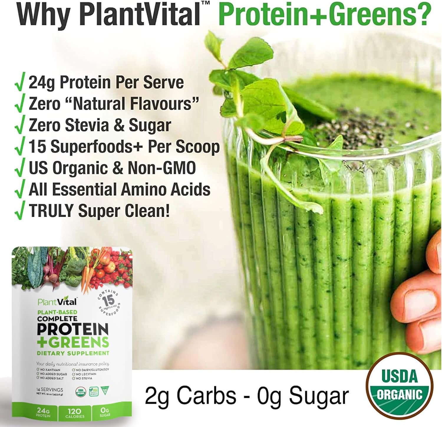 Plantvital Unflavored Organic Vegan Protein Powder - 15 Superfoods, Veggies and Probiotics - Organic Plant-Based Protein Powder - All BCAA’s, Gluten Free - 16oz (Pack of 2)