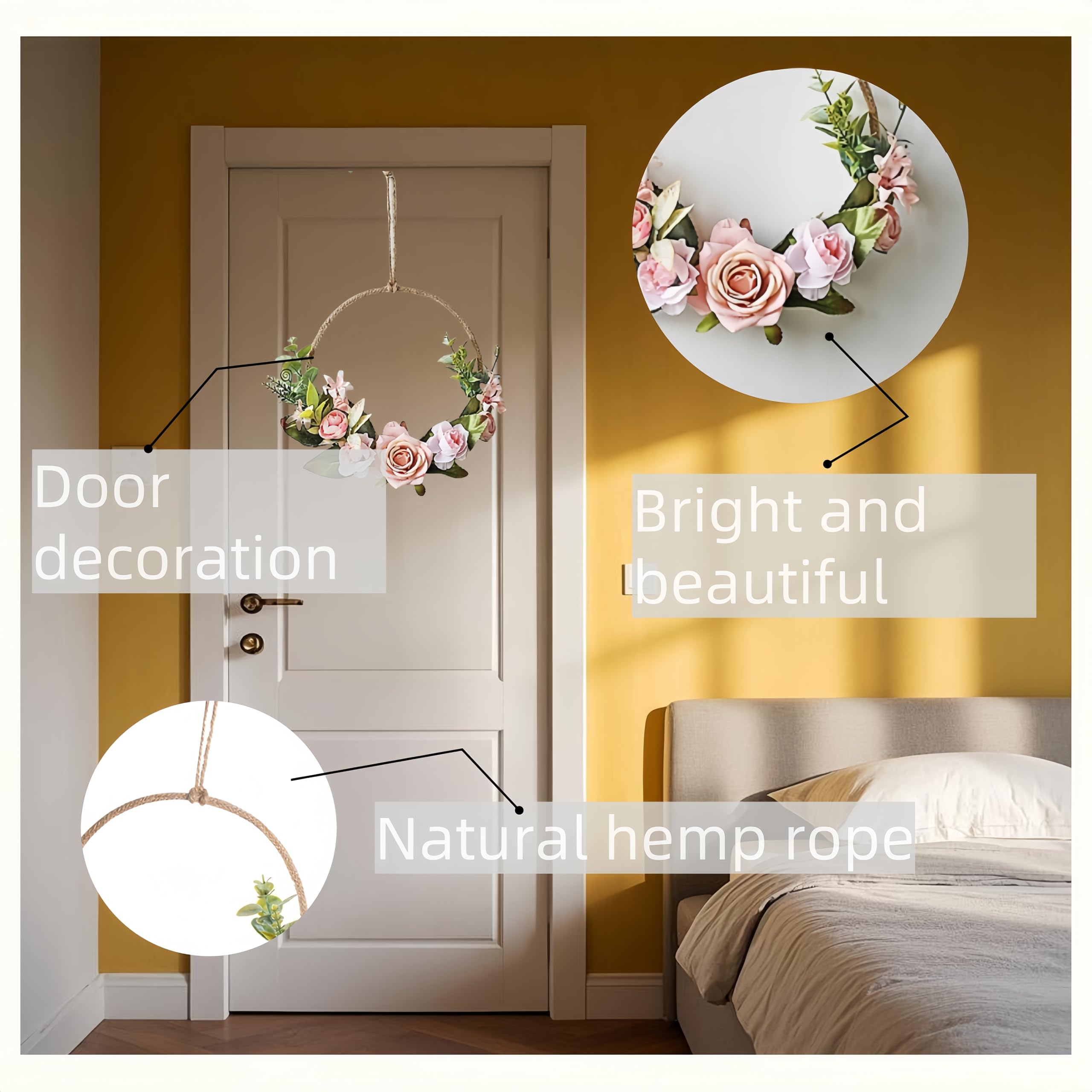 Couronne murale en métal - Fleurs artificielles - Orchidée - Décoration de printemps - Anneau en métal - Couronne d'eucalyptus - Couronne de porte - Couronne décorative - Couronne de porte