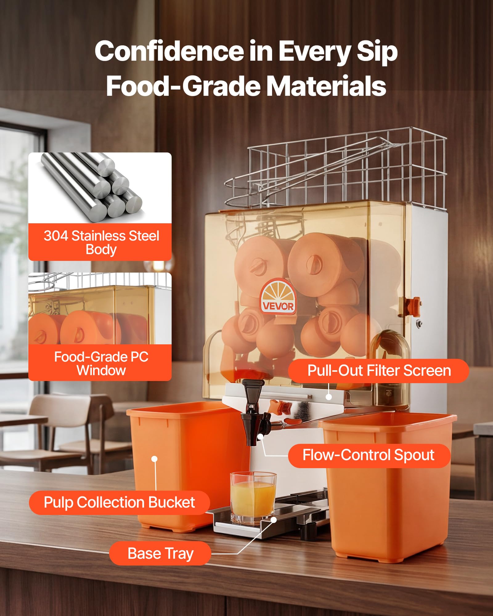 VEVOR Exprimidora de Naranjas Comercial 120 W de Acero Inoxidable y PC, Con 2 Recipientes Recolectores, Con Grifo, Capacidad para Hasta 20 Naranjas por Minuto, Para Limones y Cítricos 55-80 mm