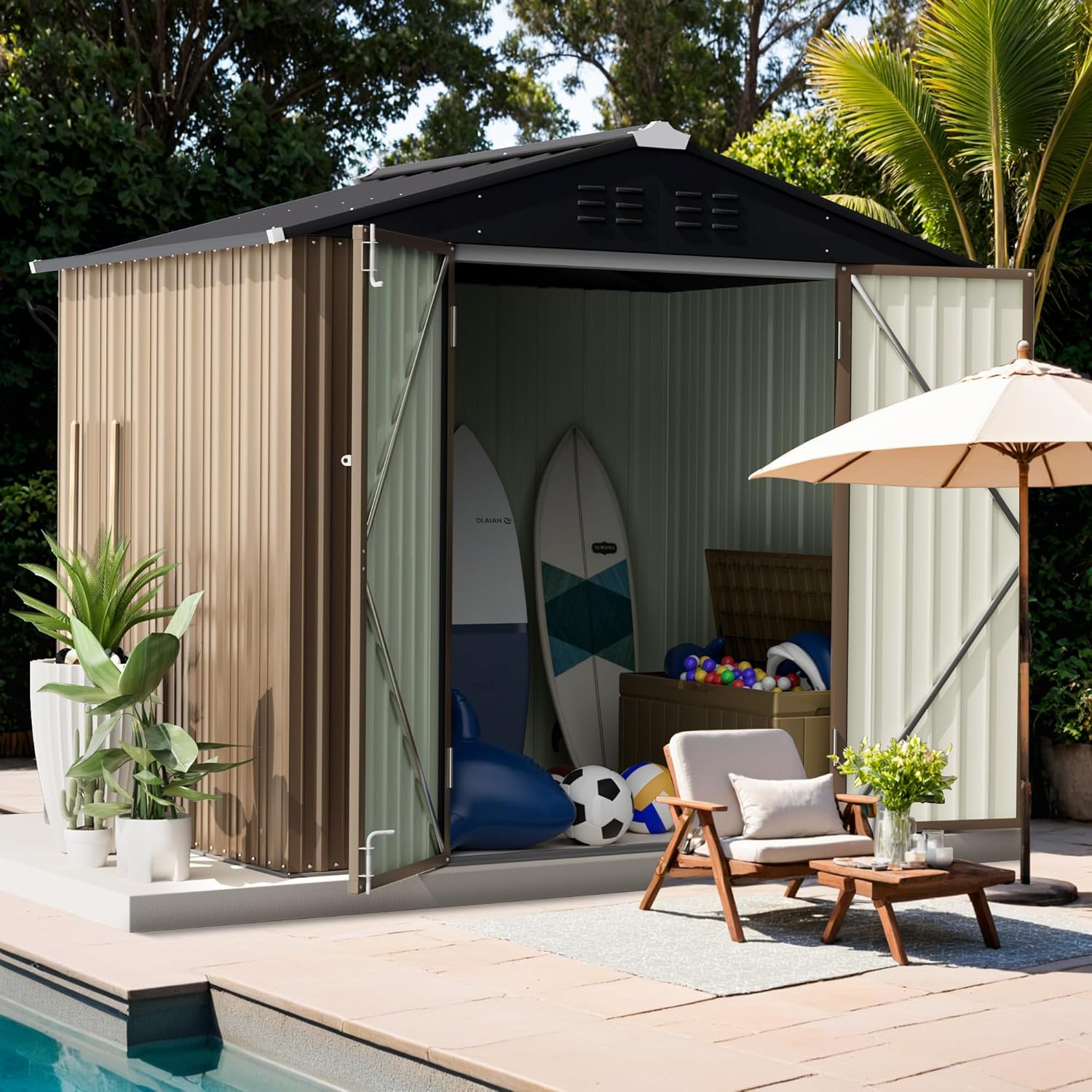 Gray 6' x 8' Metal Outdoor Storage Shed with Lockable Door