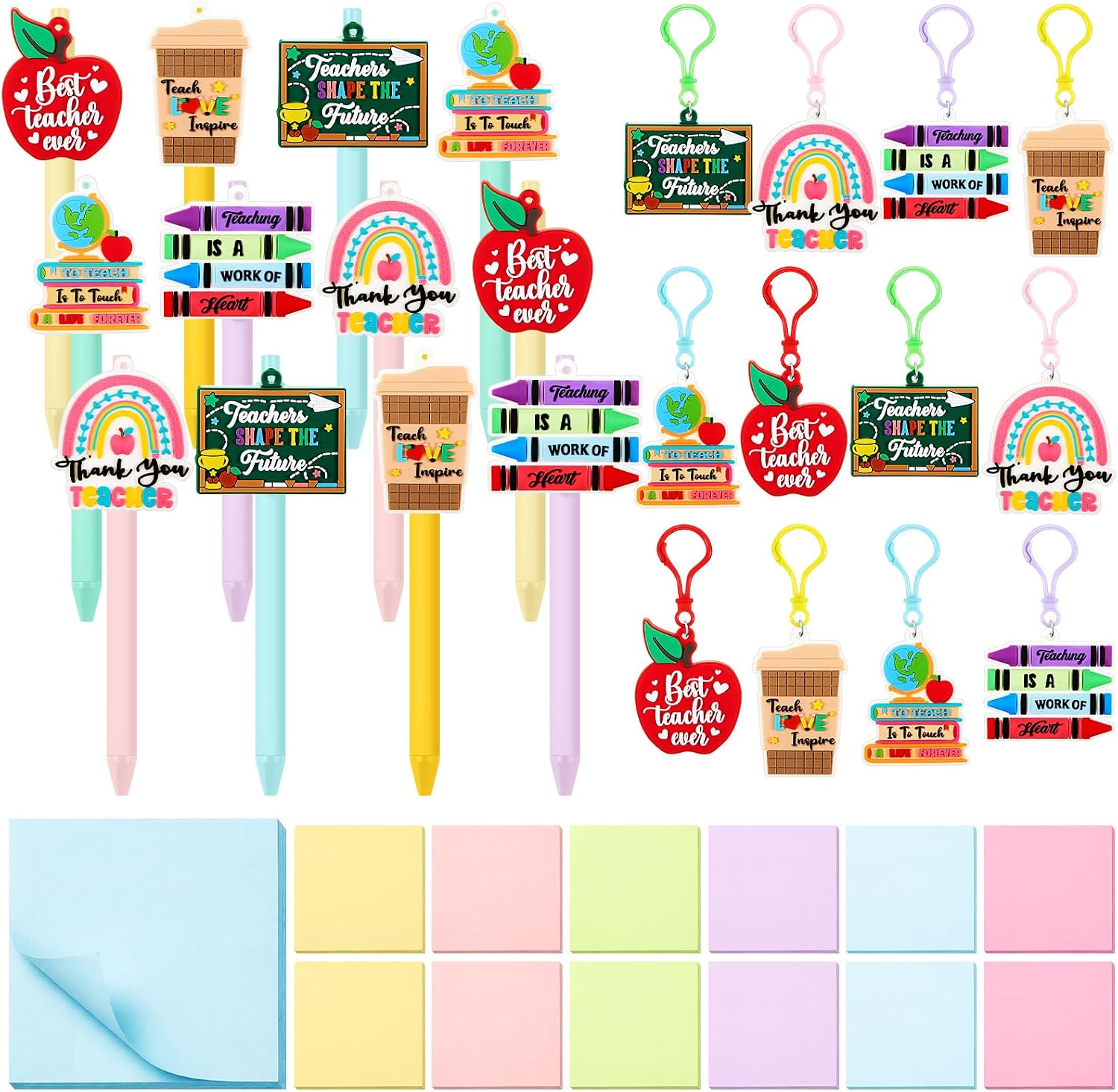 36 Pieces 36 Pcs Teachers Appreciation Gifts Bulk Include Cute Ballpoint Pen, Funny Keychains, Sticky Notepad Teachers Thank You Gift Set for Teacher Appreciation Week, End of Year Graduation (Bright)
