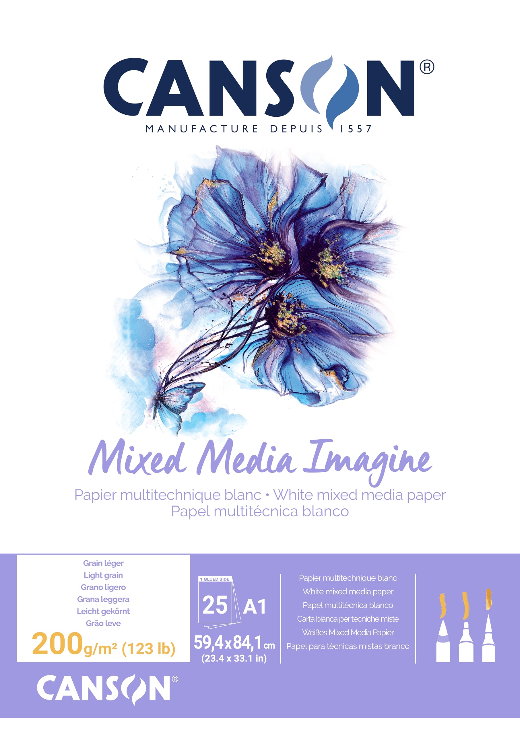 Canson Imagine Mixed Media 200gsm Paper, Natural White, A1 pad Including 25 Sheets