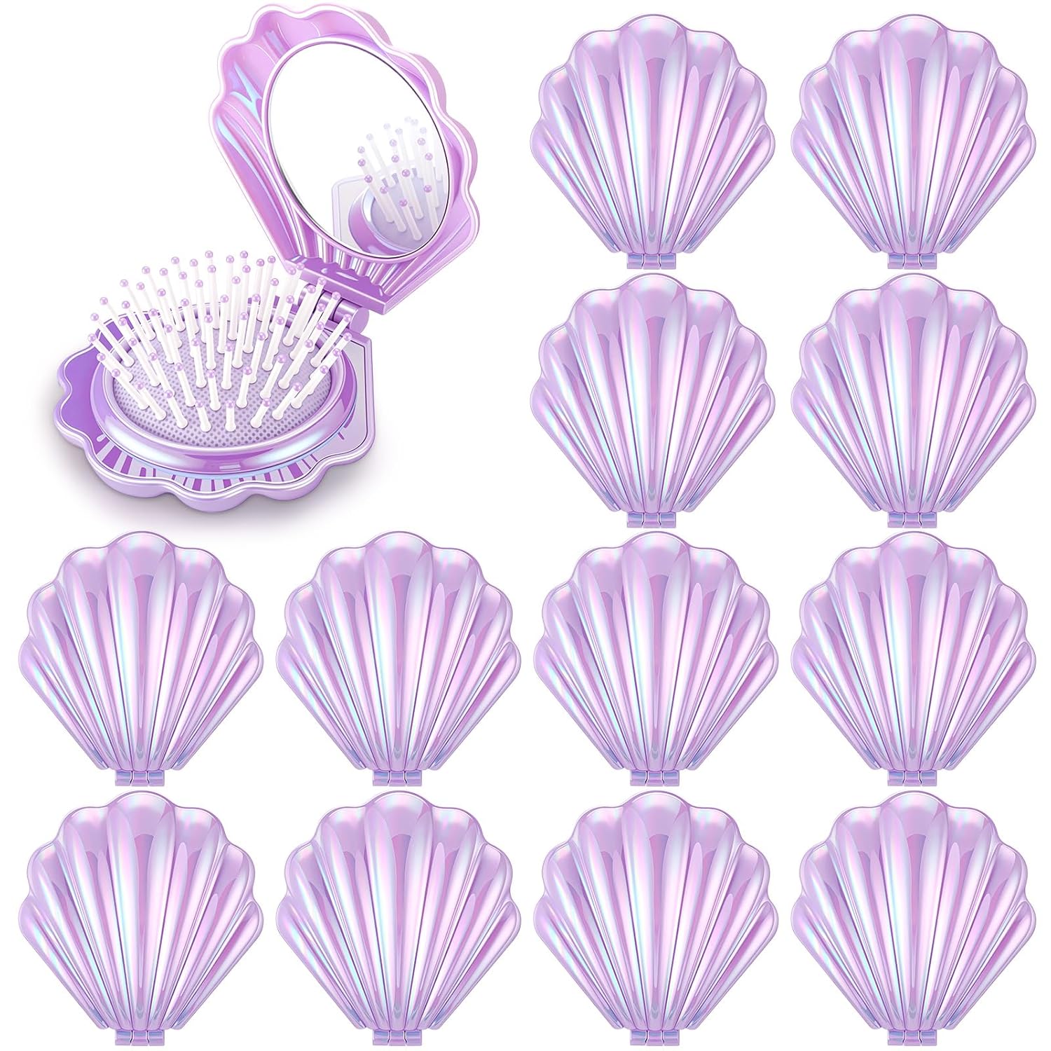 Meanplan 12 Pcs Mermaid Party Favors Shell Hair Brush with Mirror Foldable Mini Travel Pocket Hair Brush Compact Makeup Comb for Women Girls Valentines Day Birthday Gifts(Purple)