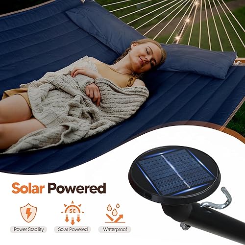 Miniatura 4 de SUNCREAT Hamaca doble para exteriores con soporte de 12 pies, luces alimentadas por energía solar, hamaca portátil para 2 personas con soporte, azul