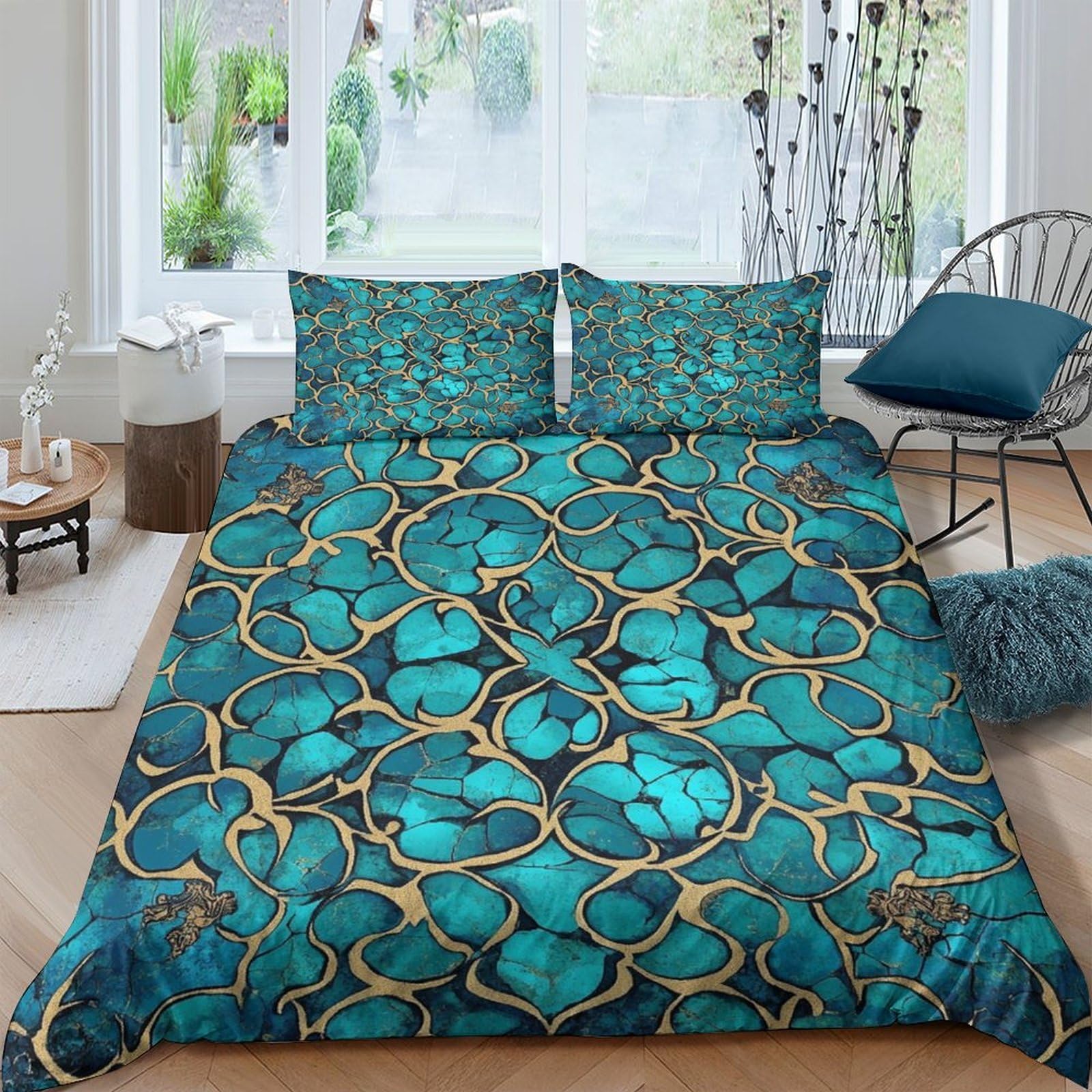 Ctjqhvkz Style-1 3D Printed Turquoise Marble Pattern Fitted Sheet Microfiber Soft Breathable Gold Vein Bed Cover For Bedroom Guest Room Single（135X200cm）