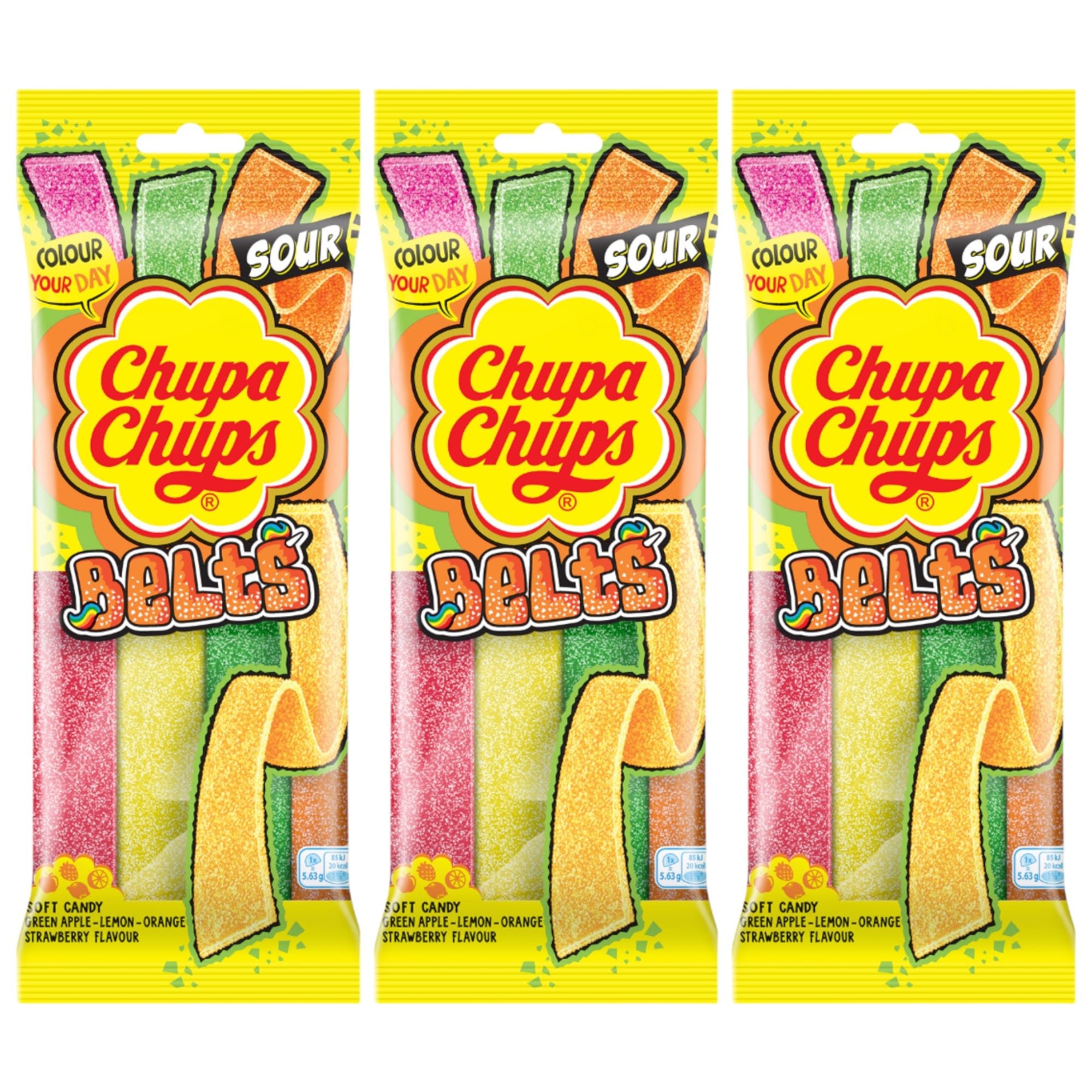Chupa Chups Belts Sour Apple, Lemon, Orange, Strawberry Fizzy Sugar Coated Gummy Strips Sweets 90g - 3x Share Bags