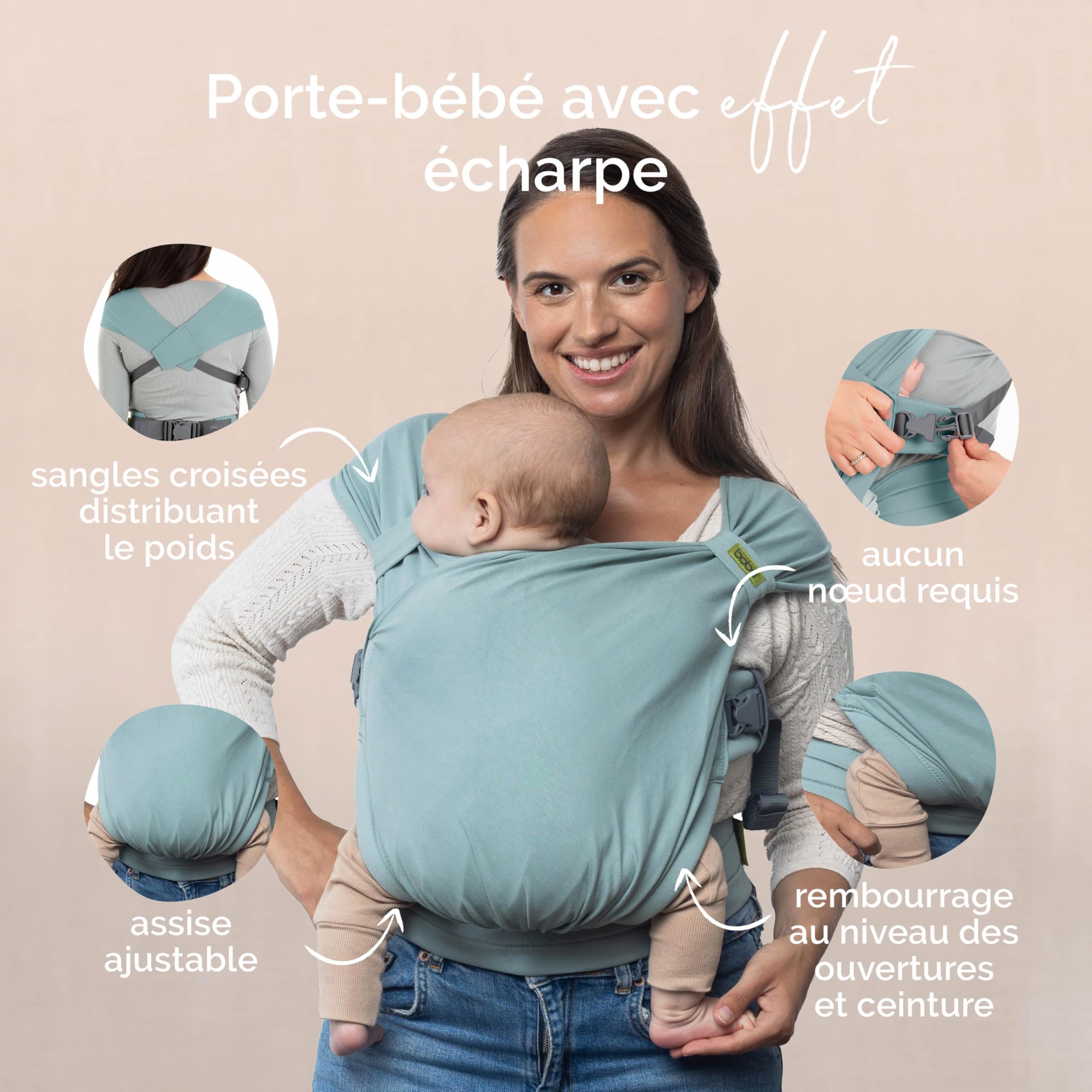 Boba Bliss Porte Bébé Pour Nourrissons/Jeunes Enfants Pesant Entre 3,2 et 16 kg, Hybride et 2 en 1, Écharpe de Portage Bébé Sans Nœud, Bon Positionnement des Hanches, Doux et Élastique (Sea Mist)
