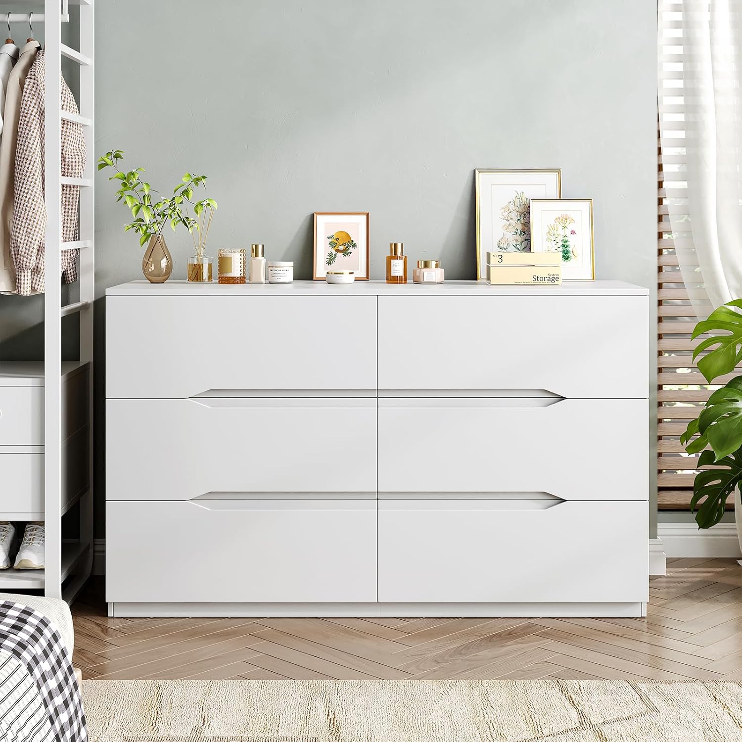 White 6 Drawer Dresser for Bedroom,47.2" Wide Chest of Drawers with Groove Handle,Wood Double Dressers with Sleek Lines,Modern Storage Cabinet for Living Room,Hallway