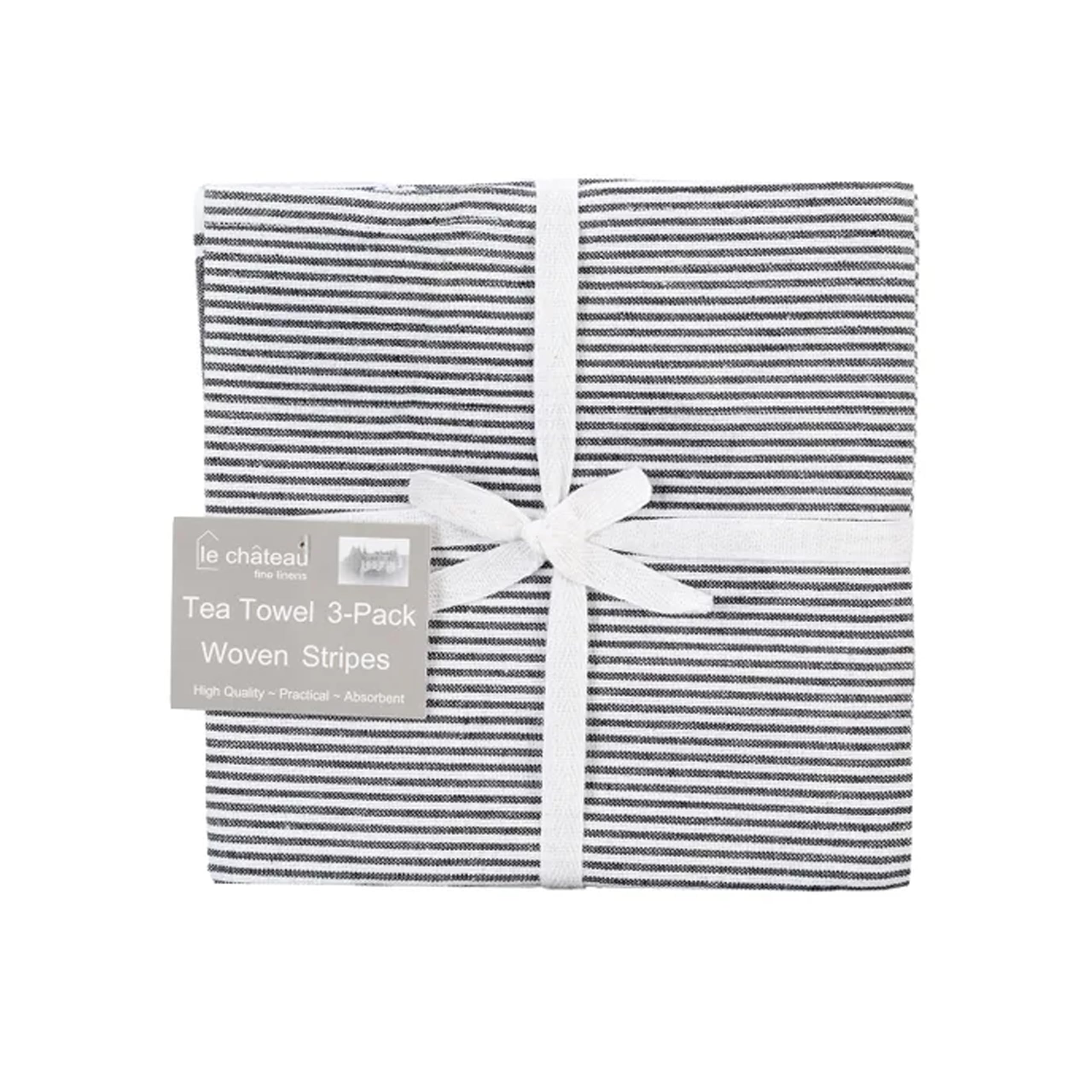 Auntie Morags Le Chateau Woven Stripe Black & White Kitchen Tea Towels - Set of 3 Stripey Kitchen Linens Gift Set