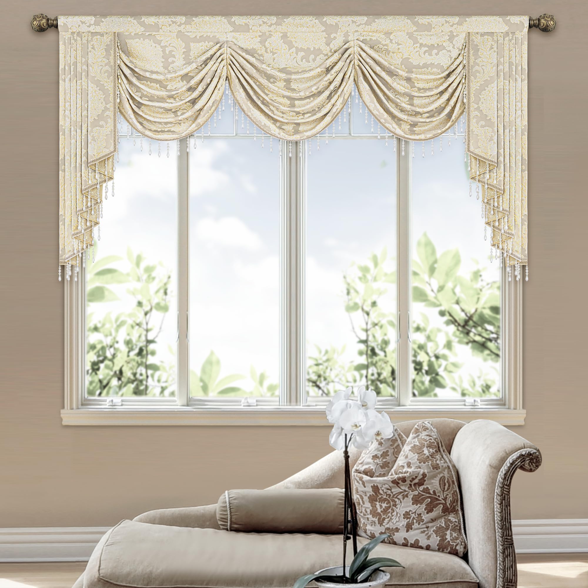 Loom and Mill Luxury Jacquard Waterfall Valance for Living Room, Elegant Damask Swag Window Valances with Beads, Beige Swag Curtains for Bedroom Banquet Holiday Decoration(W79Inch,1 Panel)